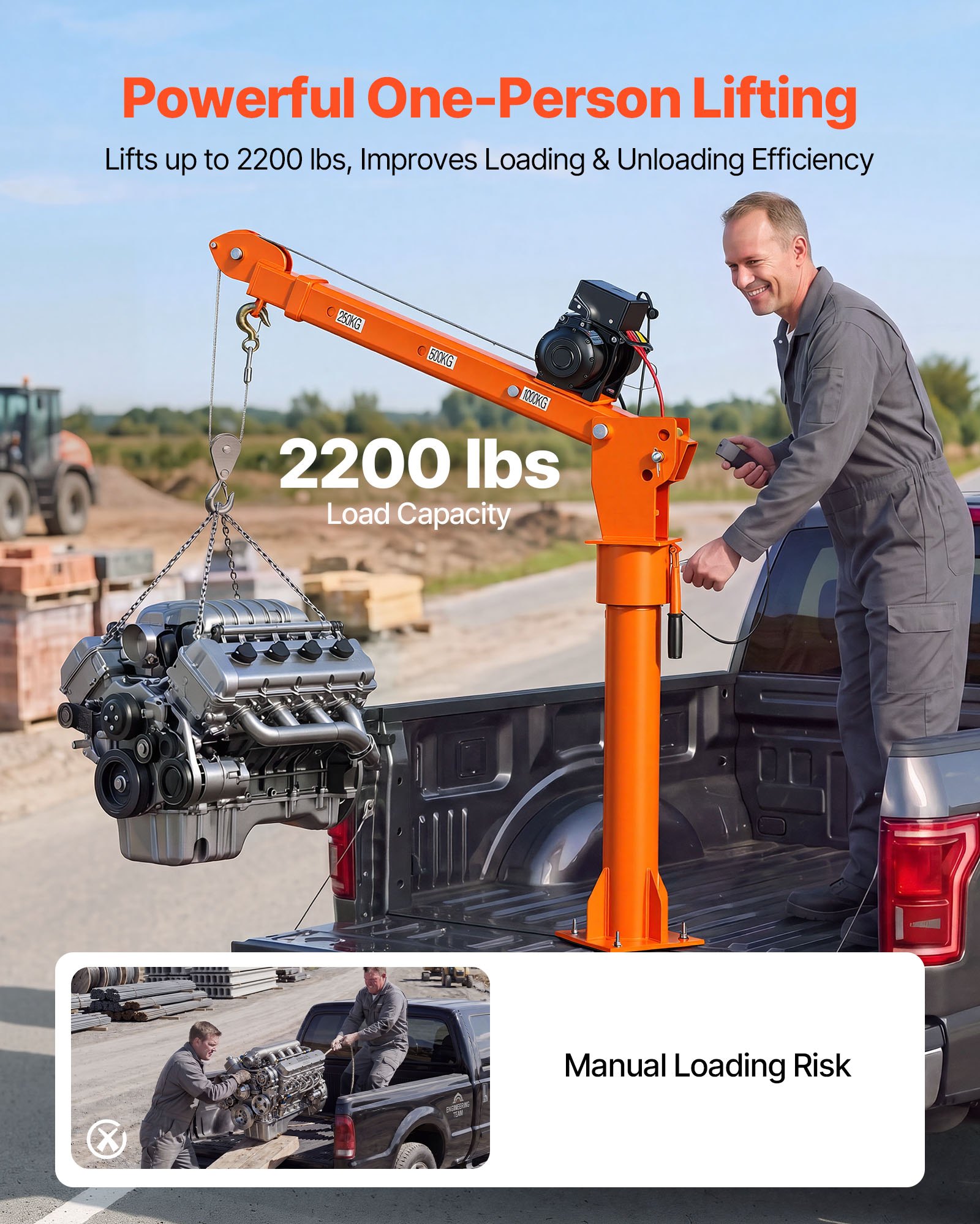 VEVOR Electric Truck Crane, 2200 lbs Pickup Truck Crane with 12V 6000 lbs Electric Winch, 360° Rotating Telescopic Boom, Premium Galvanized Steel, Foldable Pickup Bed Jib for Machine Lumber Lifting