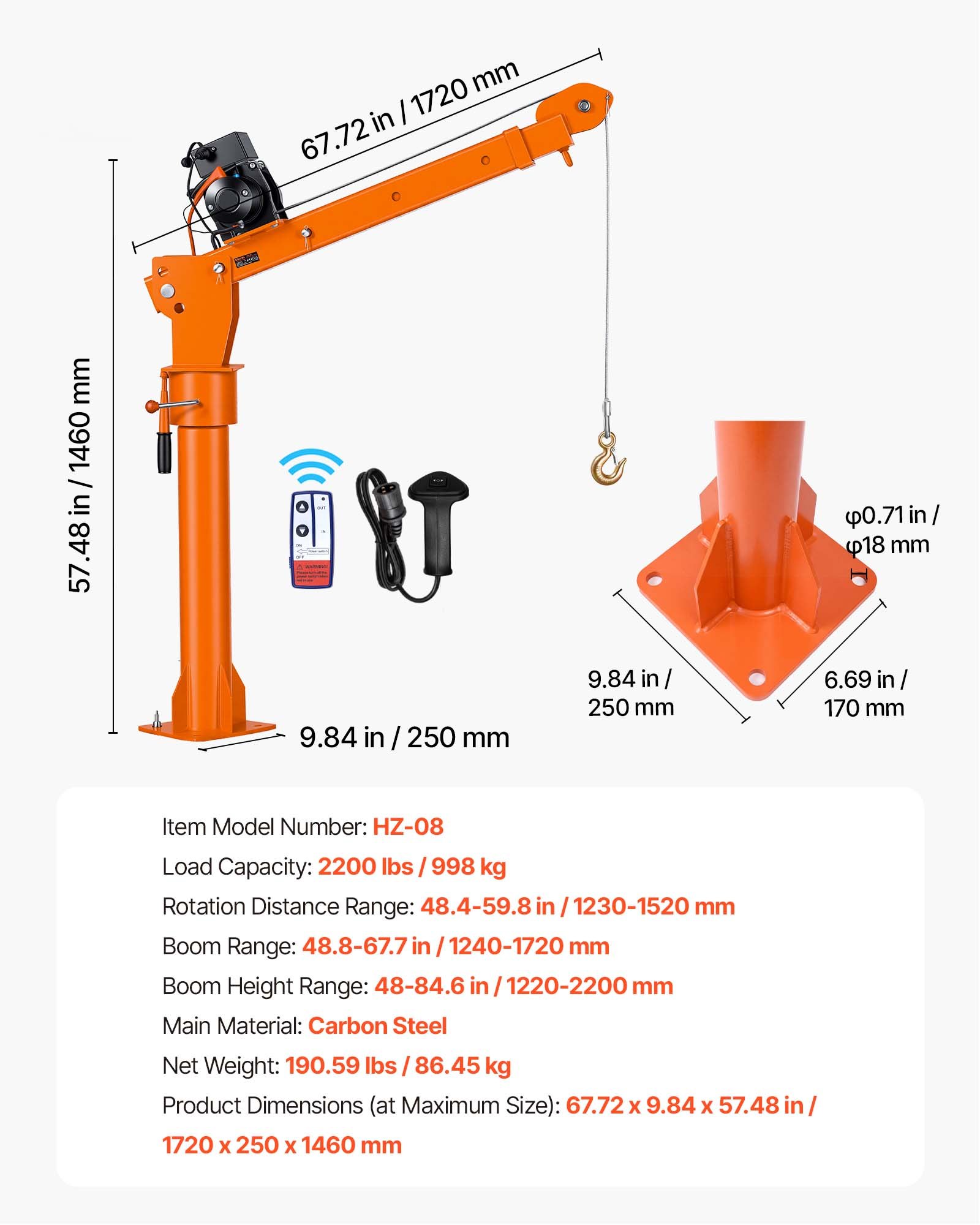 VEVOR Electric Truck Crane, 2200 lbs Pickup Truck Crane with 12V 6000 lbs Electric Winch, 360° Rotating Telescopic Boom, Premium Galvanized Steel, Foldable Pickup Bed Jib for Machine Lumber Lifting