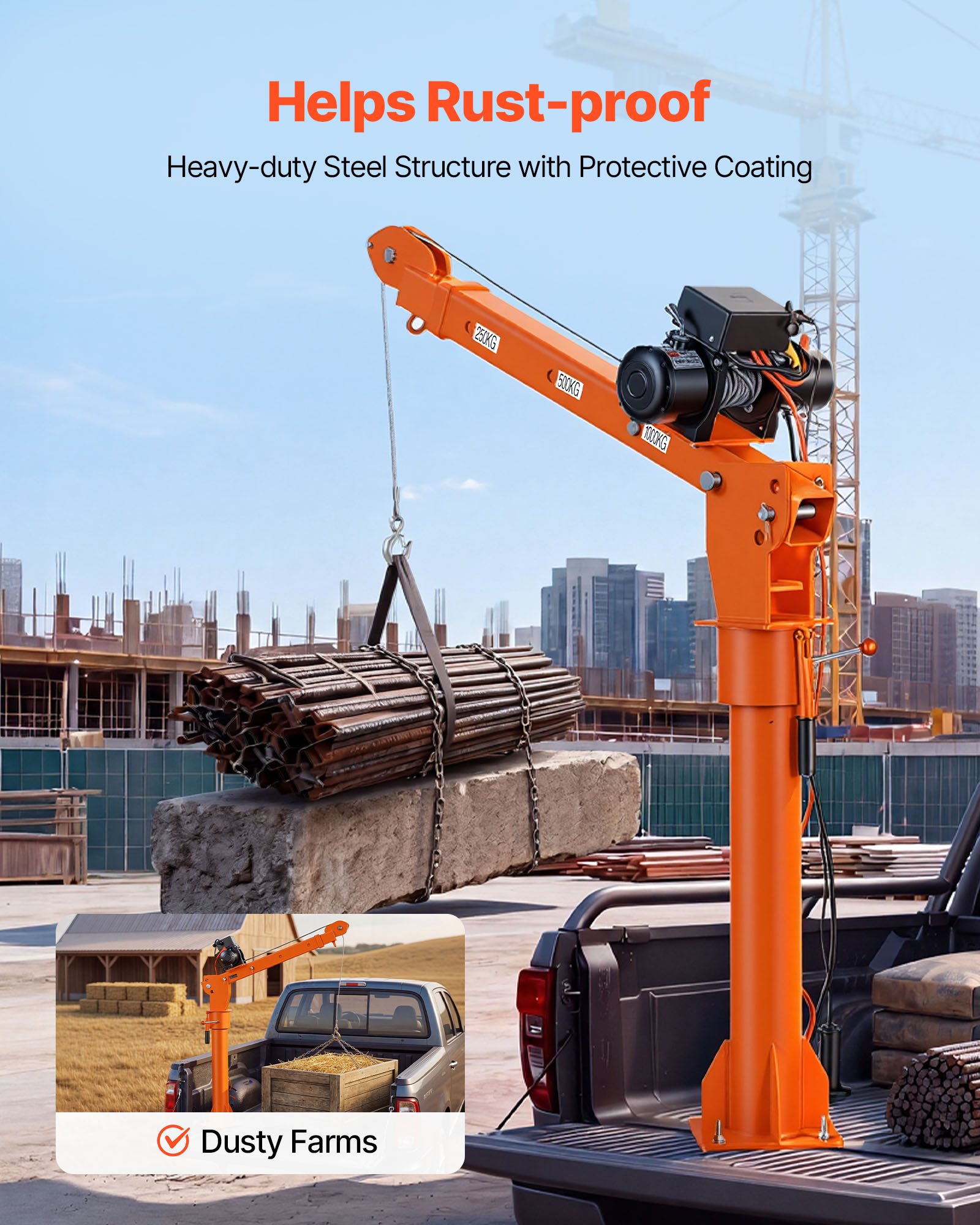 VEVOR Electric Truck Crane, 2200 lbs Pickup Truck Crane with 12V 6000 lbs Electric Winch, 360° Rotating Telescopic Boom, Premium Galvanized Steel, Foldable Pickup Bed Jib for Machine Lumber Lifting