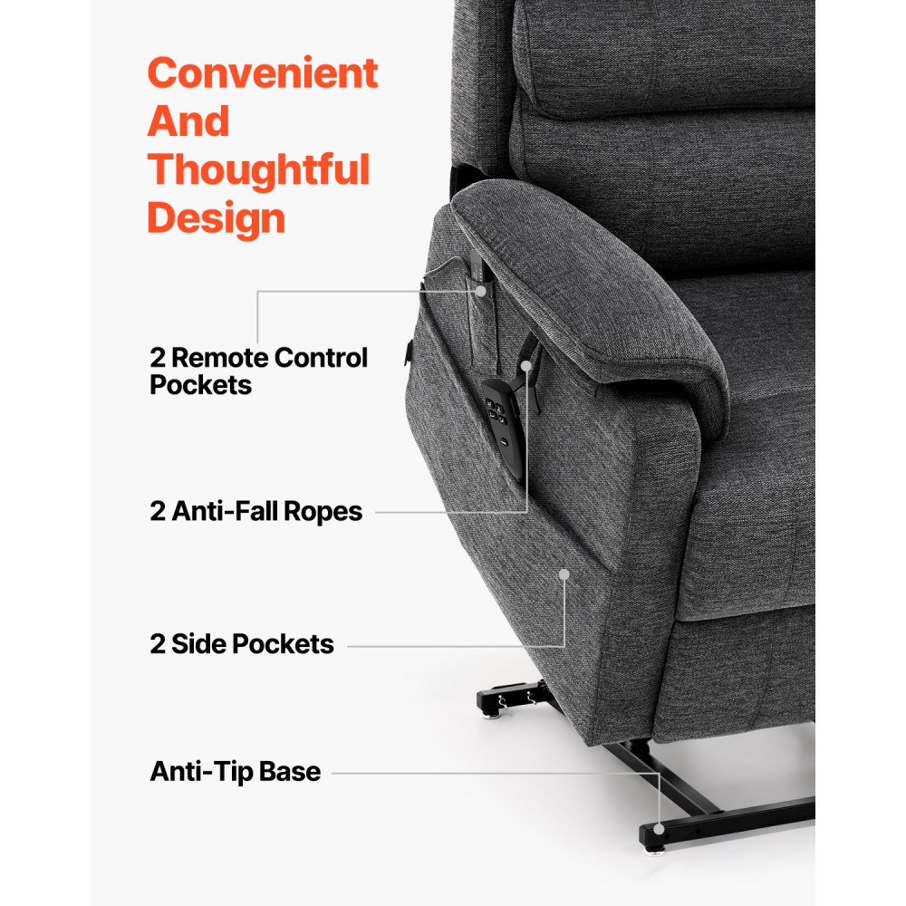 VEVOR Power Lift Recliner Chair, Lift Chair with Heat and Massage for Elderly, Dual Motor Recliner Chair with 2 Anti-Fall Ropes, Infinite Position Adjustment Electric Recliner (Medium, Dark Gray)