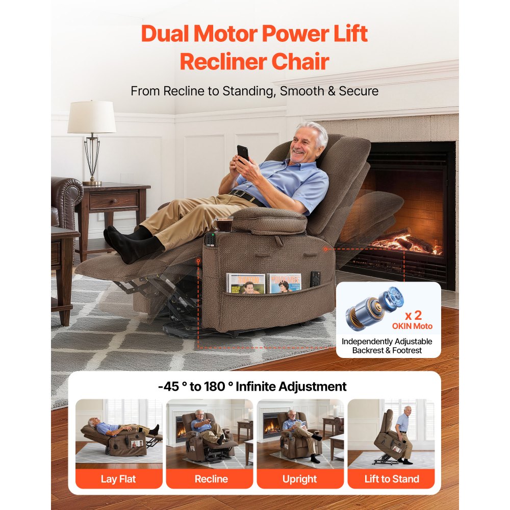 VEVOR Power Lift Recliner Chair, Dual Motor, Large Electric Lift Chair with Heat and Massage for Elderly, Infinite Position Adjustment, Velvet Fabric, with Side and Front Pockets, Cup Holders, Brown
