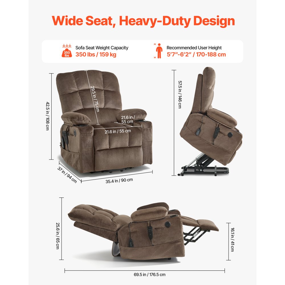 VEVOR Power Lift Recliner Chair, Dual Motor, Large Electric Lift Chair with Heat and Massage for Elderly, Infinite Position Adjustment, Velvet Fabric, with Side and Front Pockets, Cup Holders, Brown