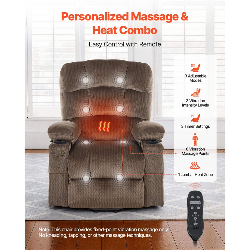 VEVOR Power Lift Recliner Chair, Dual Motor, Large Electric Lift Chair with Heat and Massage for Elderly, Infinite Position Adjustment, Velvet Fabric, with Side and Front Pockets, Cup Holders, Brown