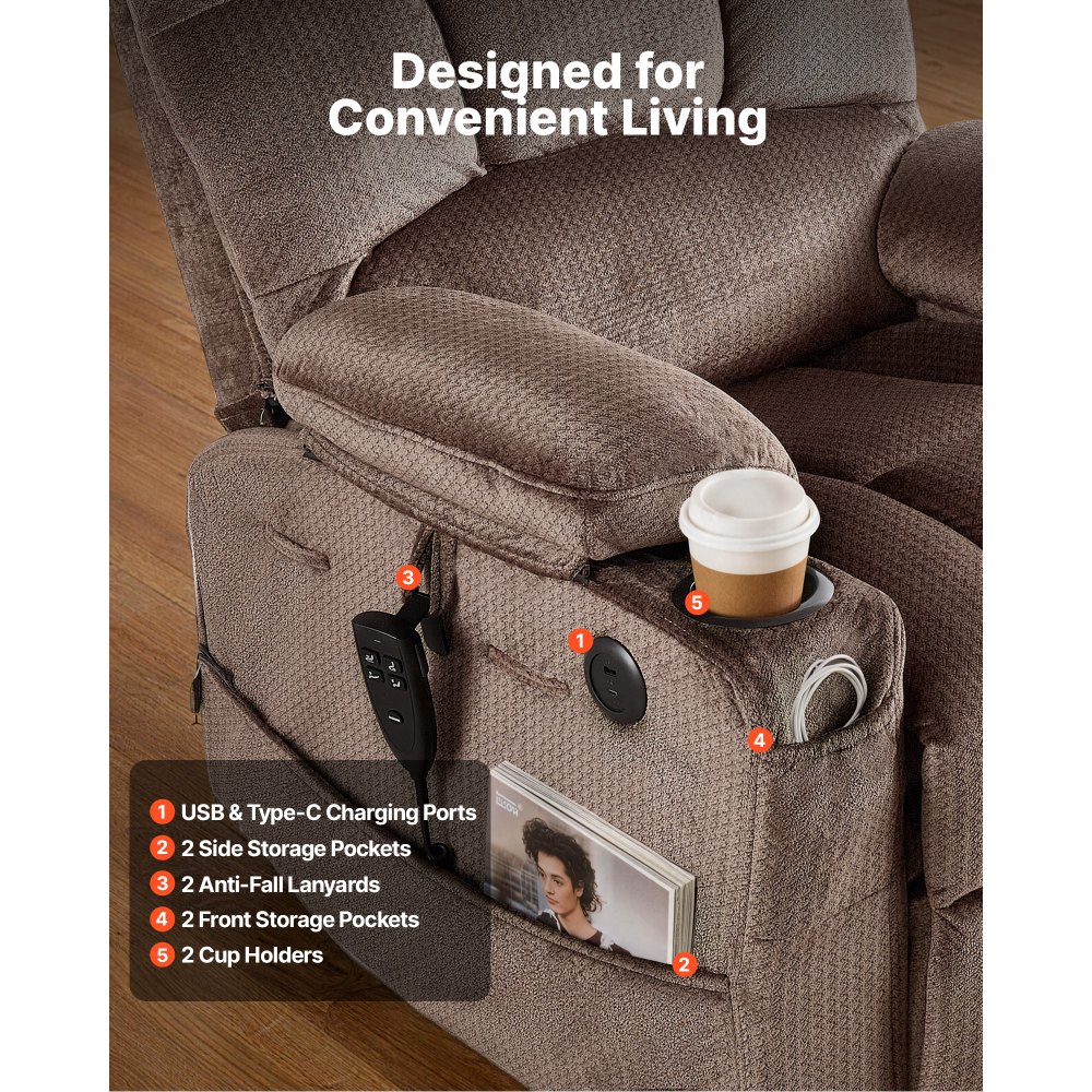 VEVOR Power Lift Recliner Chair, Dual Motor, Large Electric Lift Chair with Heat and Massage for Elderly, Infinite Position Adjustment, Velvet Fabric, with Side and Front Pockets, Cup Holders, Brown