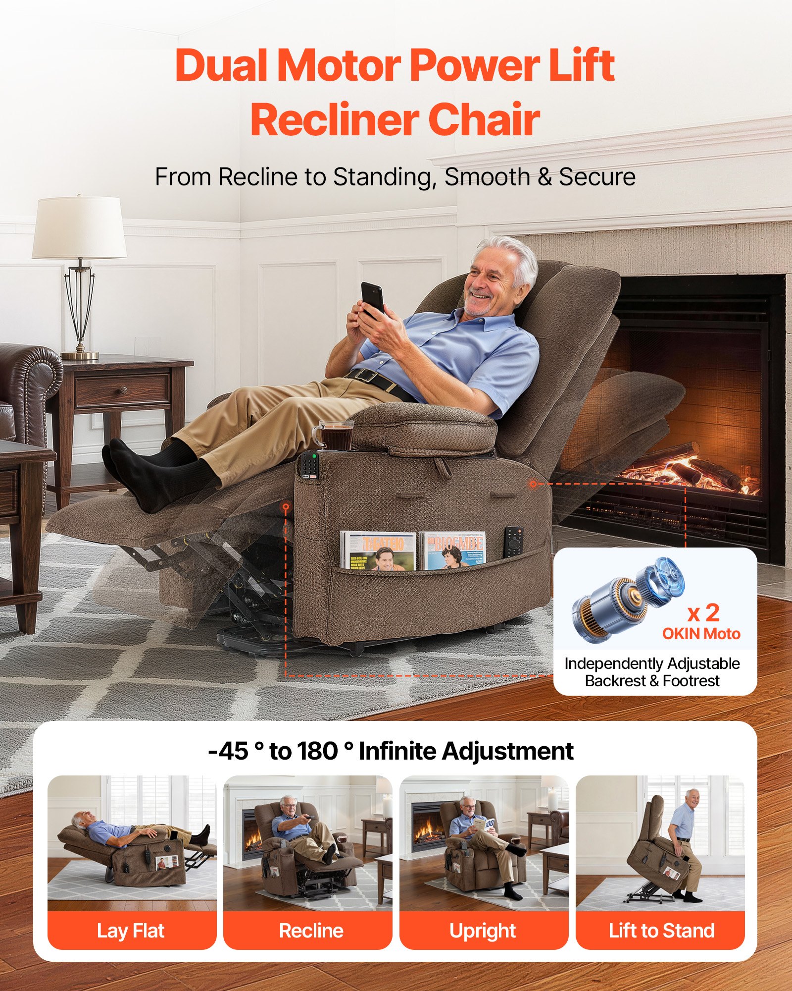 VEVOR Power Lift Recliner Chair, Dual Motor, Large Electric Lift Chair with Heat and Massage for Elderly, Infinite Position Adjustment, Velvet Fabric, with Side and Front Pockets, Cup Holders, Brown