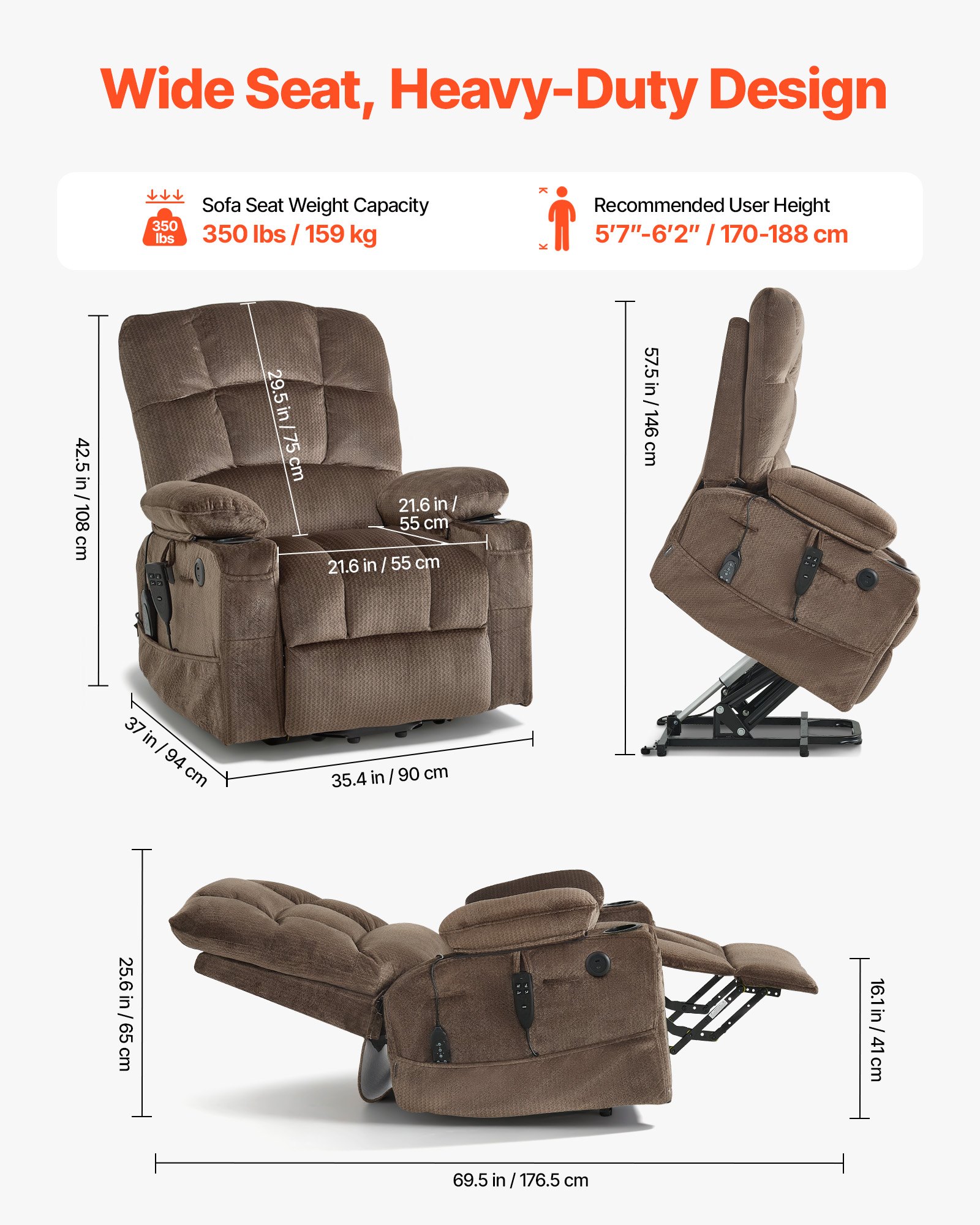 VEVOR Power Lift Recliner Chair, Dual Motor, Large Electric Lift Chair with Heat and Massage for Elderly, Infinite Position Adjustment, Velvet Fabric, with Side and Front Pockets, Cup Holders, Brown