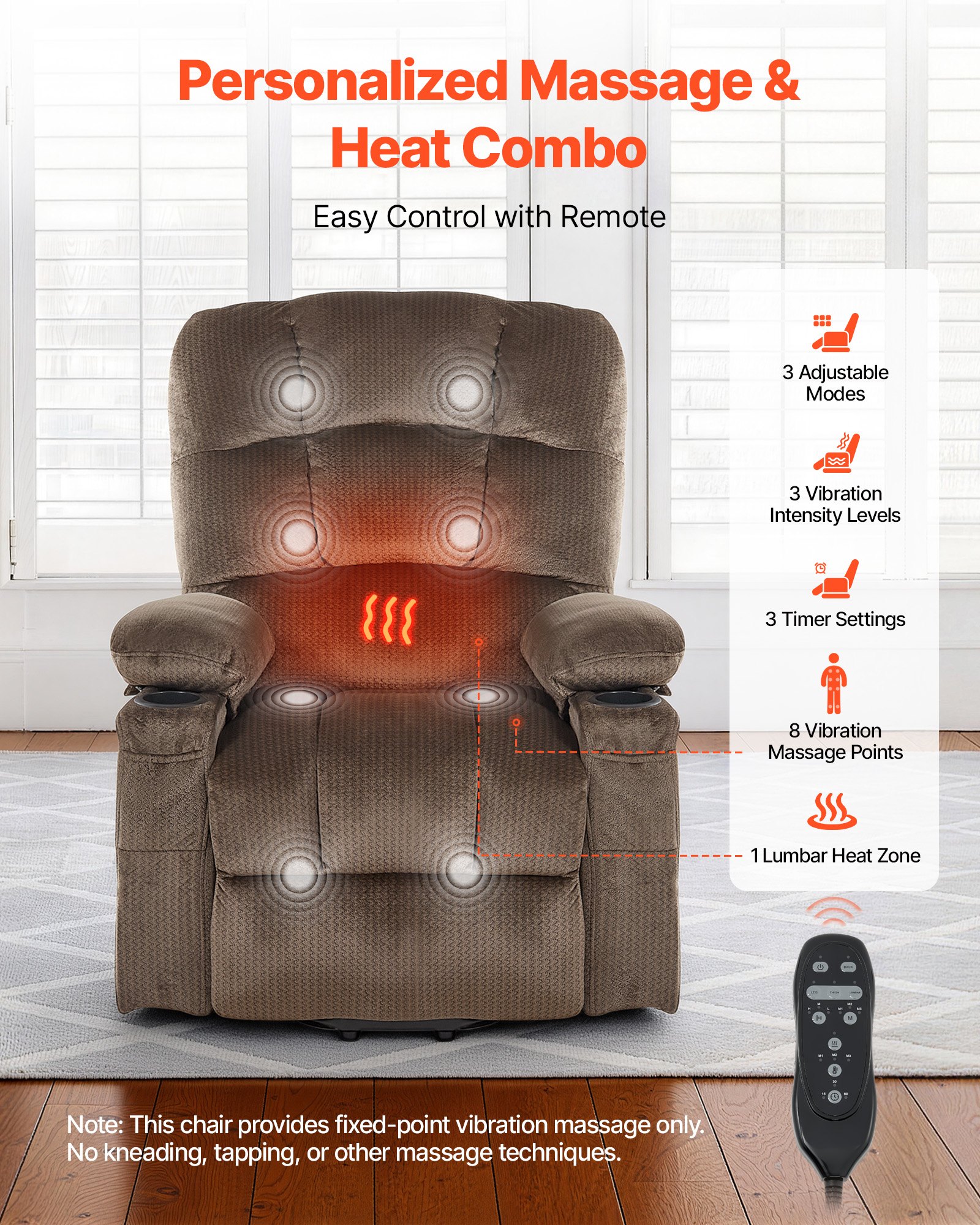 VEVOR Power Lift Recliner Chair, Dual Motor, Large Electric Lift Chair with Heat and Massage for Elderly, Infinite Position Adjustment, Velvet Fabric, with Side and Front Pockets, Cup Holders, Brown
