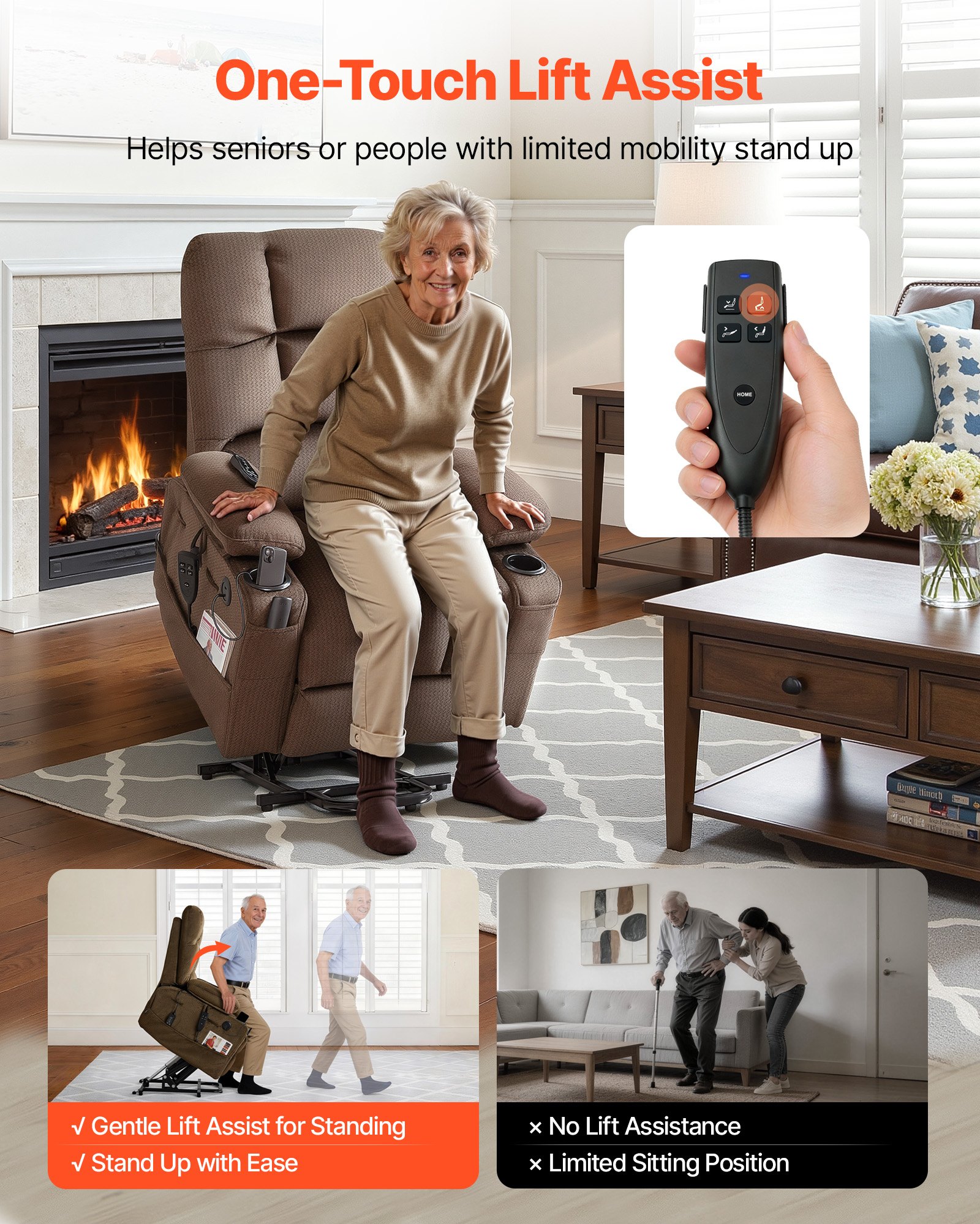 VEVOR Power Lift Recliner Chair, Dual Motor, Large Electric Lift Chair with Heat and Massage for Elderly, Infinite Position Adjustment, Velvet Fabric, with Side and Front Pockets, Cup Holders, Brown