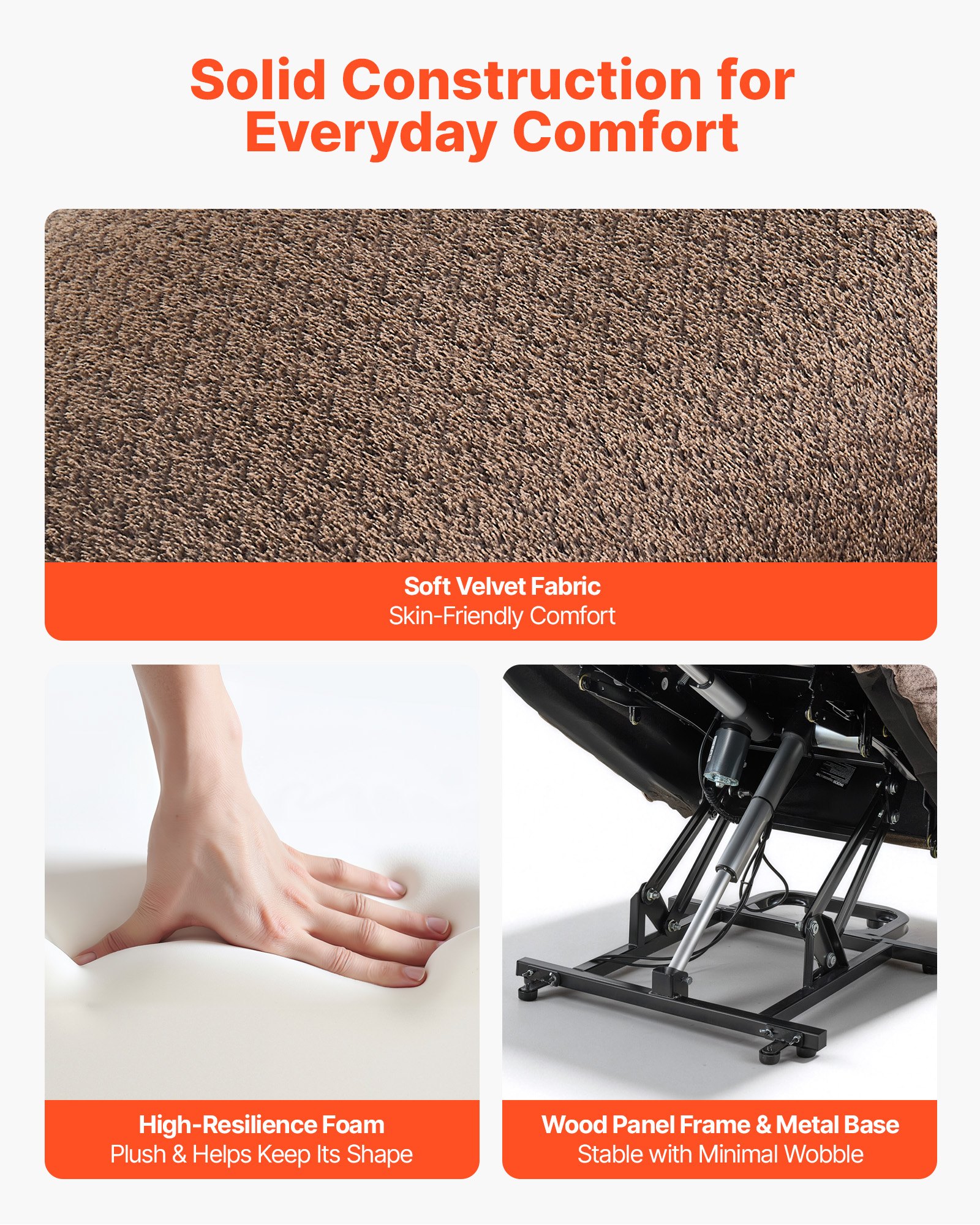 VEVOR Power Lift Recliner Chair, Dual Motor, Large Electric Lift Chair with Heat and Massage for Elderly, Infinite Position Adjustment, Velvet Fabric, with Side and Front Pockets, Cup Holders, Brown