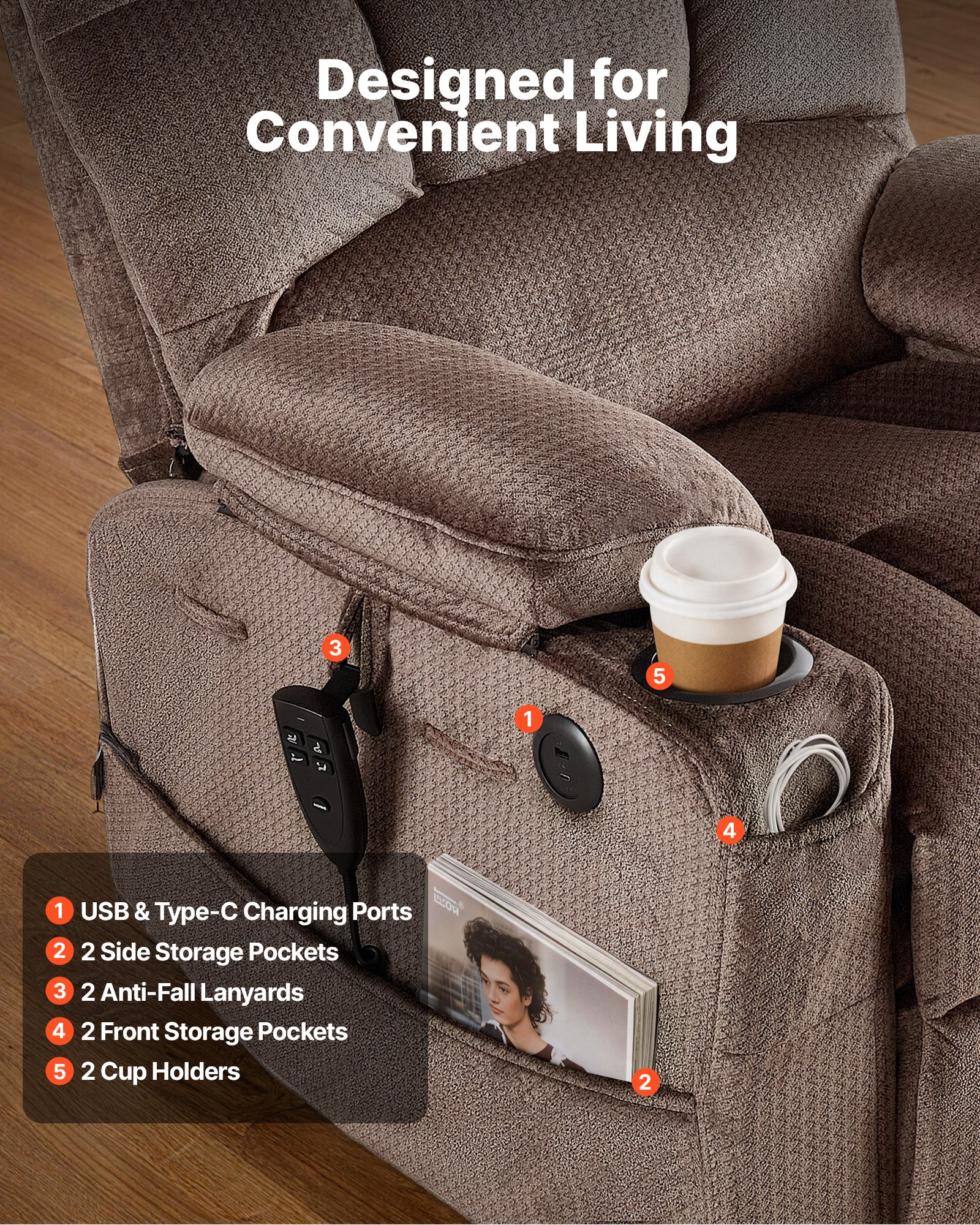 VEVOR Power Lift Recliner Chair, Dual Motor, Large Electric Lift Chair with Heat and Massage for Elderly, Infinite Position Adjustment, Velvet Fabric, with Side and Front Pockets, Cup Holders, Brown