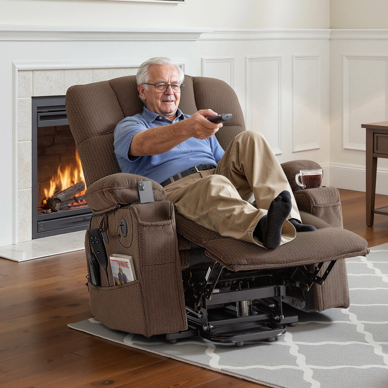 VEVOR Power Lift Recliner Chair, Dual Motor, Large Electric Lift Chair with Heat and Massage for Elderly, Infinite Position Adjustment, Velvet Fabric, with Side and Front Pockets, Cup Holders, Brown