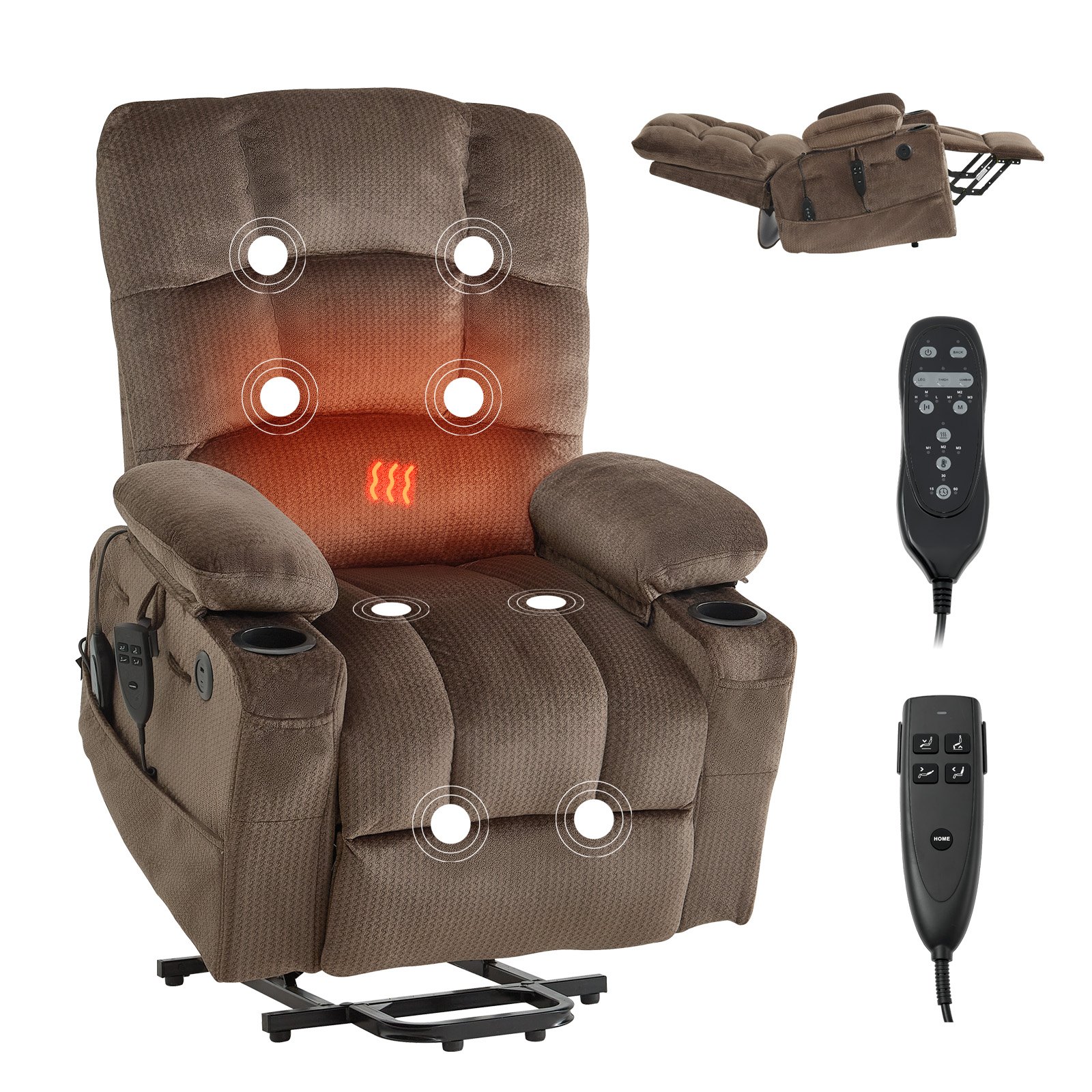 VEVOR Power Lift Recliner Chair, Dual Motor, Large Electric Lift Chair with Heat and Massage for Elderly, Infinite Position Adjustment, Velvet Fabric, with Side and Front Pockets, Cup Holders, Brown