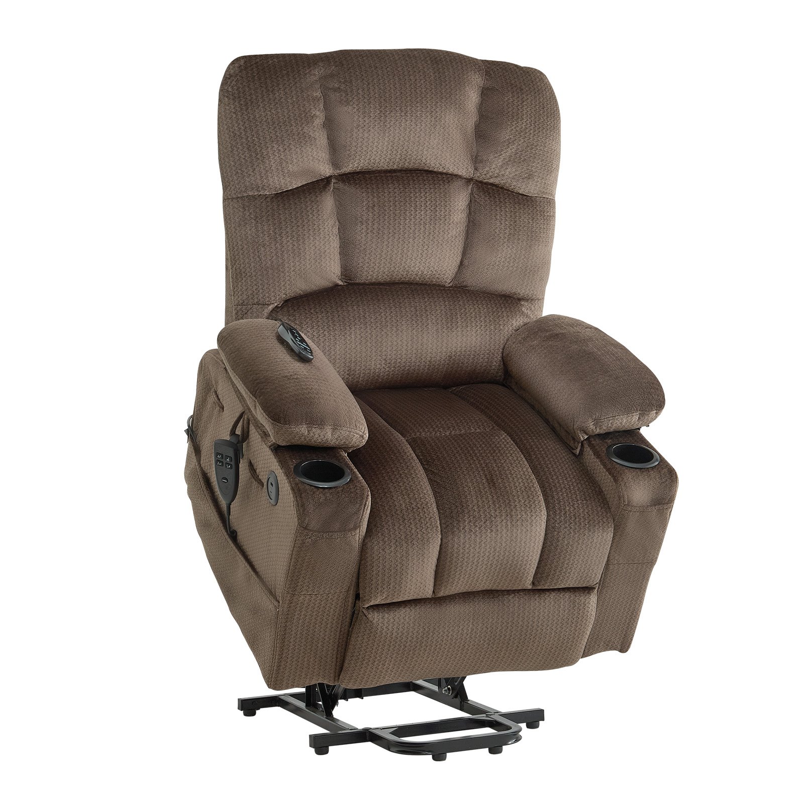 VEVOR Power Lift Recliner Chair, Dual Motor, Large Electric Lift Chair with Heat and Massage for Elderly, Infinite Position Adjustment, Velvet Fabric, with Side and Front Pockets, Cup Holders, Brown