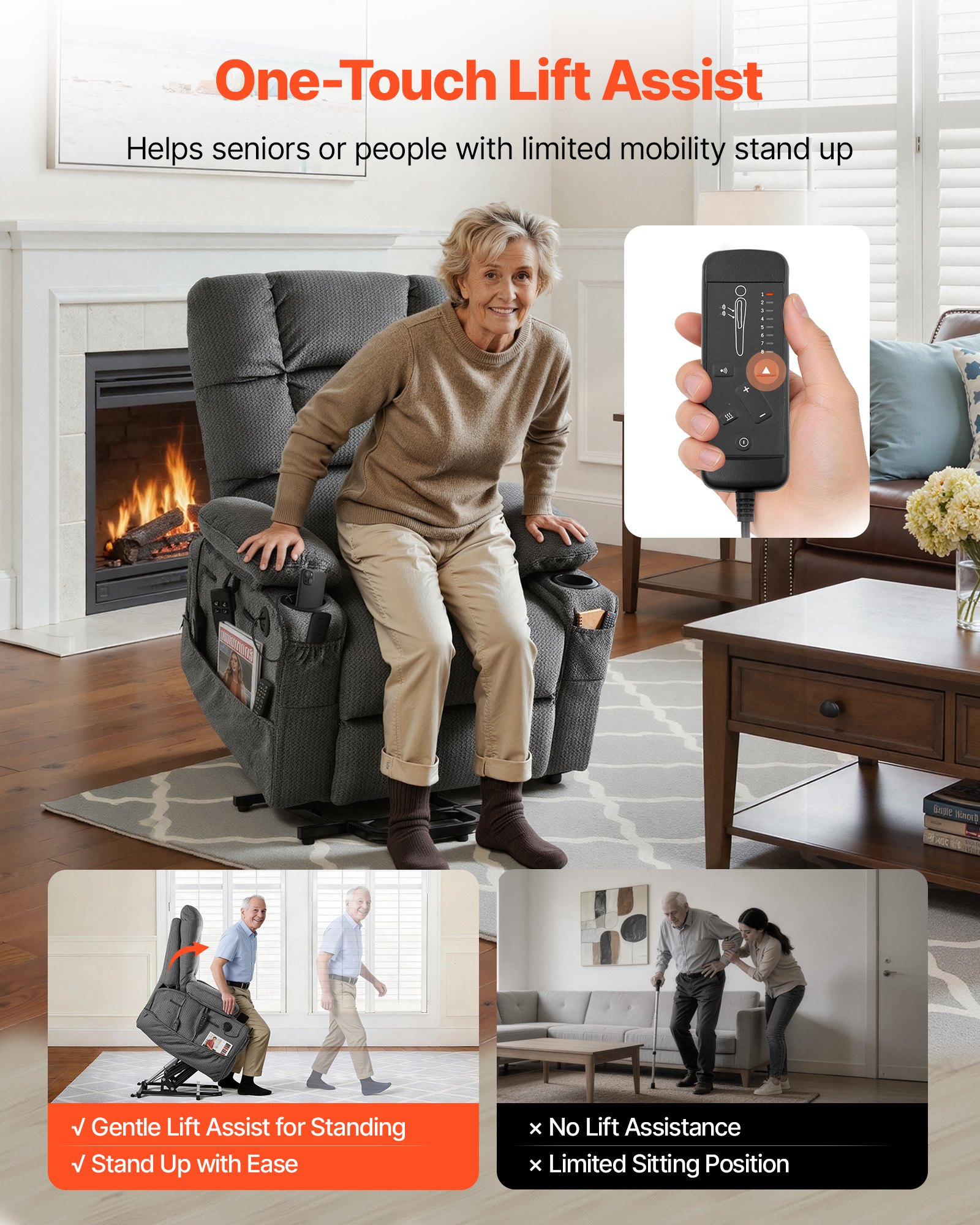 VEVOR Power Lift Recliner Chair, Dual Motor, Large Electric Lift Chair with Heat and Massage for Elderly, Infinite Position Adjustment, Velvet Fabric, with Storage Pockets, Cup Holders, Dark Gray