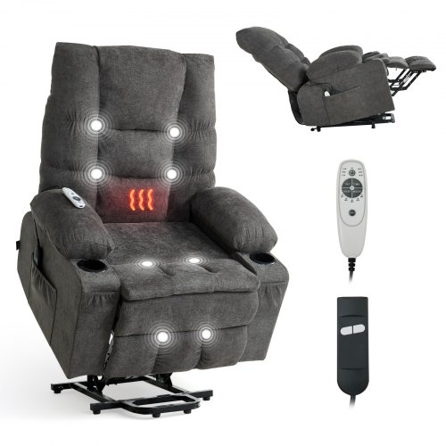 Air Wire Power Lift Recliner Chair For Elderly – Heating & Massage, USB Ports, Gray/Brown Linen