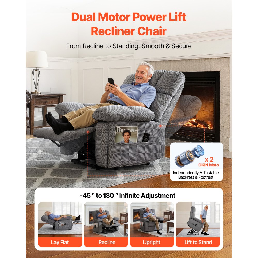 VEVOR Power Lift Recliner Chair, Dual Motor, Oversized Electric Lift Chair with Heat and Massage for Elderly, Infinite Position Adjustment, Chenille Fabric, with Side Pockets, Cup Holders, Light Gray