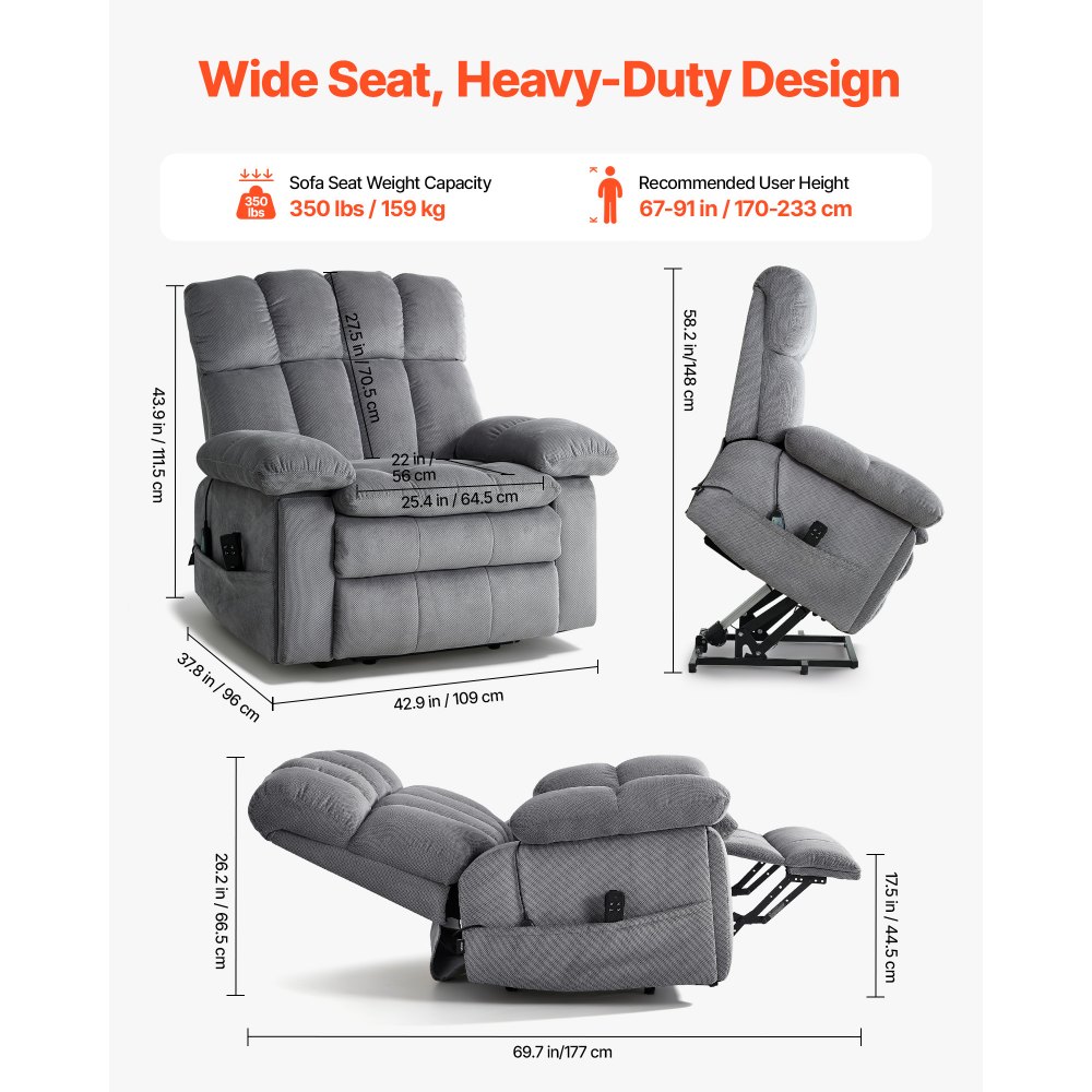 VEVOR Power Lift Recliner Chair, Dual Motor, Oversized Electric Lift Chair with Heat and Massage for Elderly, Infinite Position Adjustment, Chenille Fabric, with Side Pockets, Cup Holders, Light Gray