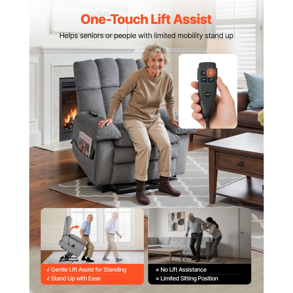 VEVOR Power Lift Recliner Chair, Dual Motor, Oversized Electric Lift Chair with Heat and Massage for Elderly, Infinite Position Adjustment, Chenille Fabric, with Side Pockets, Cup Holders, Light Gray