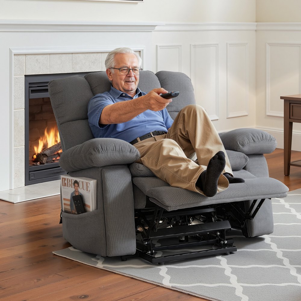 VEVOR Power Lift Recliner Chair, Dual Motor, Oversized Electric Lift Chair with Heat and Massage for Elderly, Infinite Position Adjustment, Chenille Fabric, with Side Pockets, Cup Holders, Light Gray