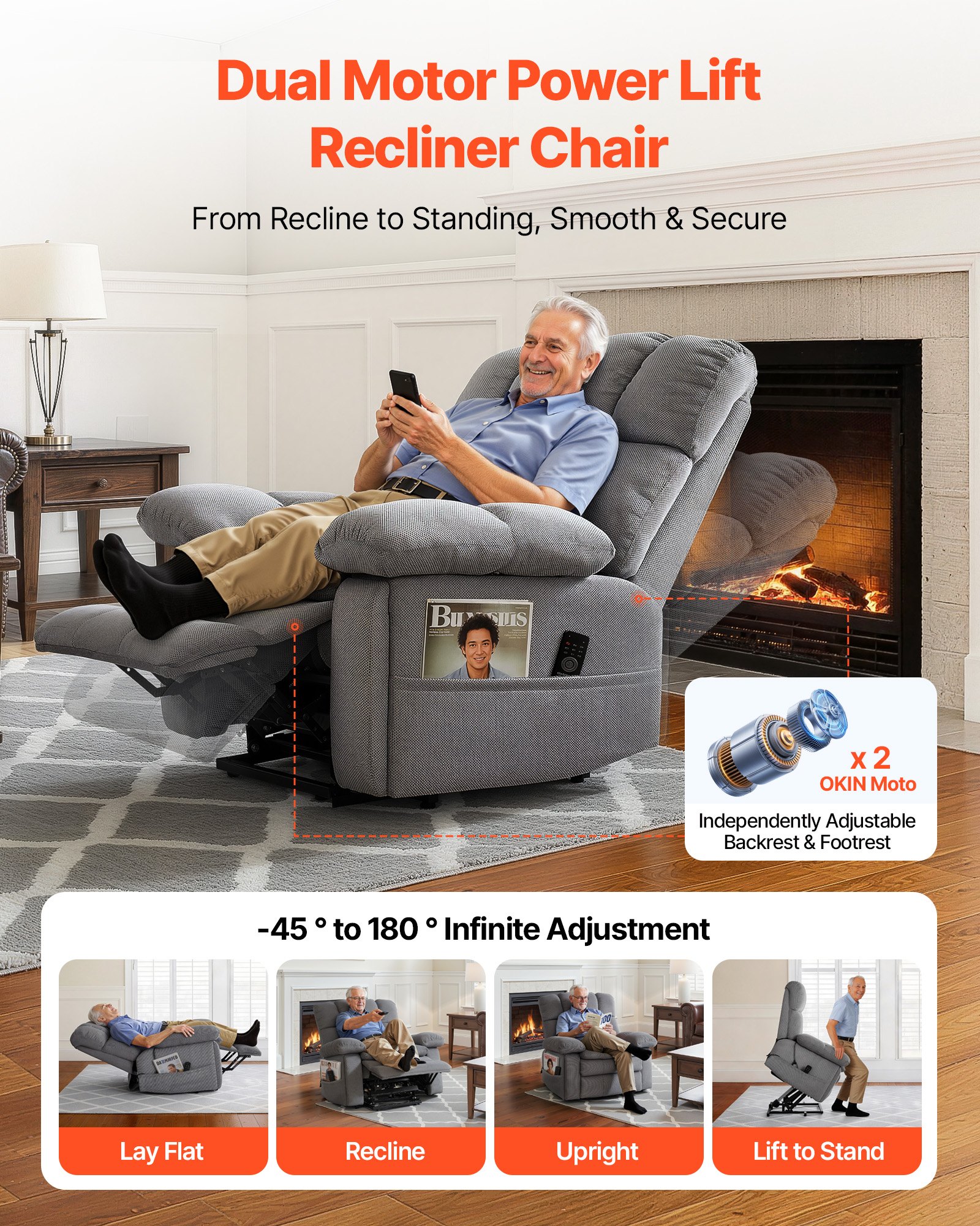 VEVOR Power Lift Recliner Chair, Dual Motor, Oversized Electric Lift Chair with Heat and Massage for Elderly, Infinite Position Adjustment, Chenille Fabric, with Side Pockets, Cup Holders, Light Gray
