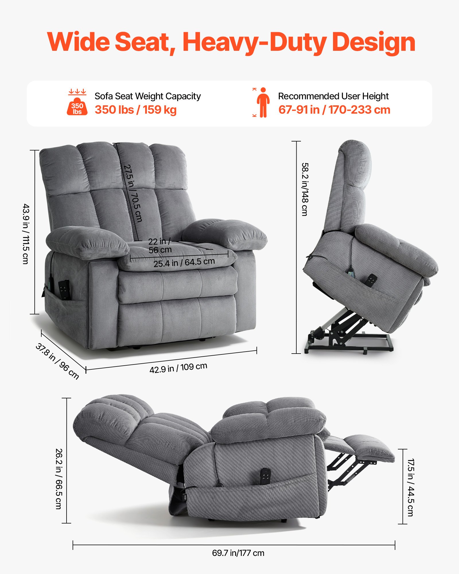 VEVOR Power Lift Recliner Chair, Dual Motor, Oversized Electric Lift Chair with Heat and Massage for Elderly, Infinite Position Adjustment, Chenille Fabric, with Side Pockets, Cup Holders, Light Gray