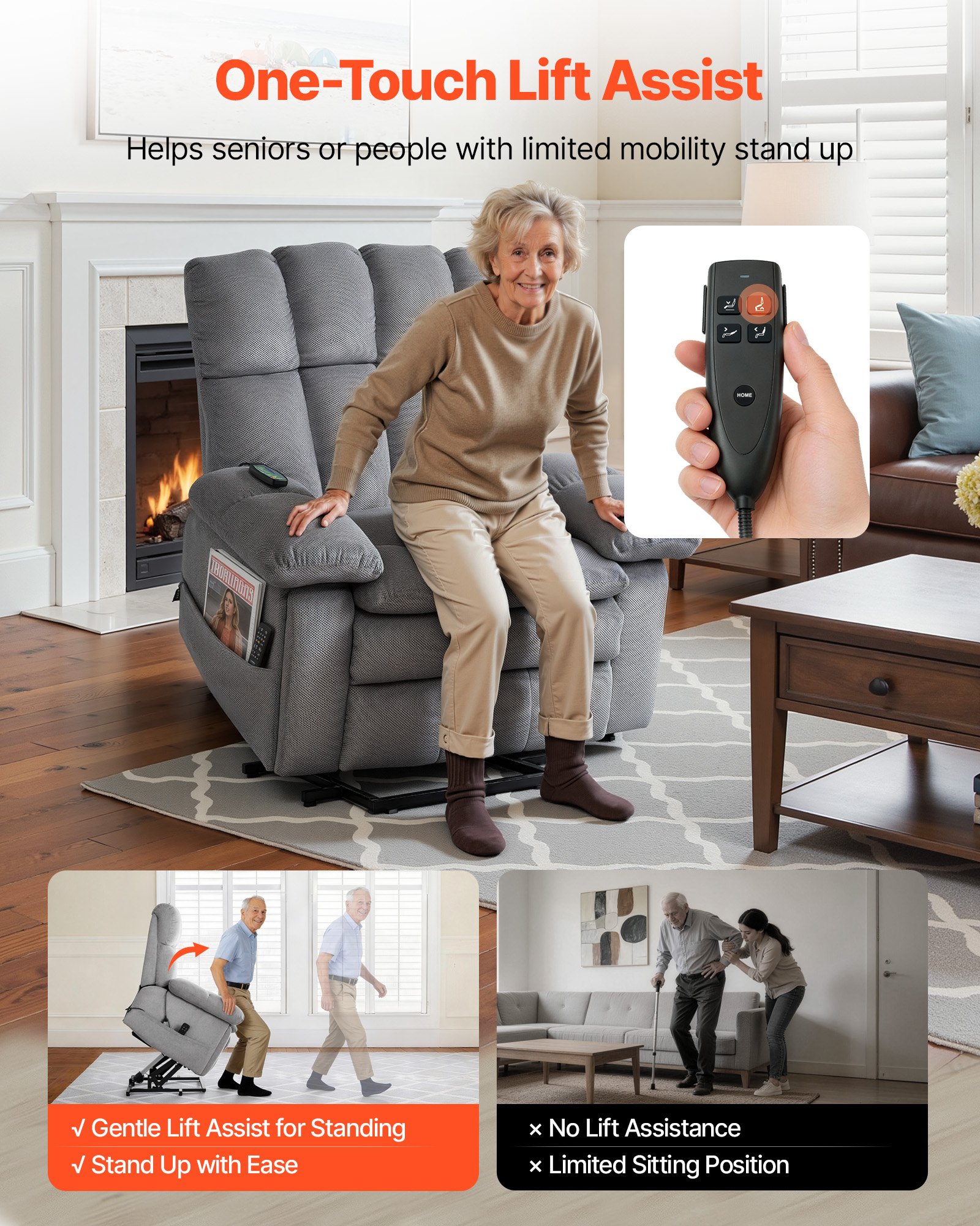 VEVOR Power Lift Recliner Chair, Dual Motor, Oversized Electric Lift Chair with Heat and Massage for Elderly, Infinite Position Adjustment, Chenille Fabric, with Side Pockets, Cup Holders, Light Gray
