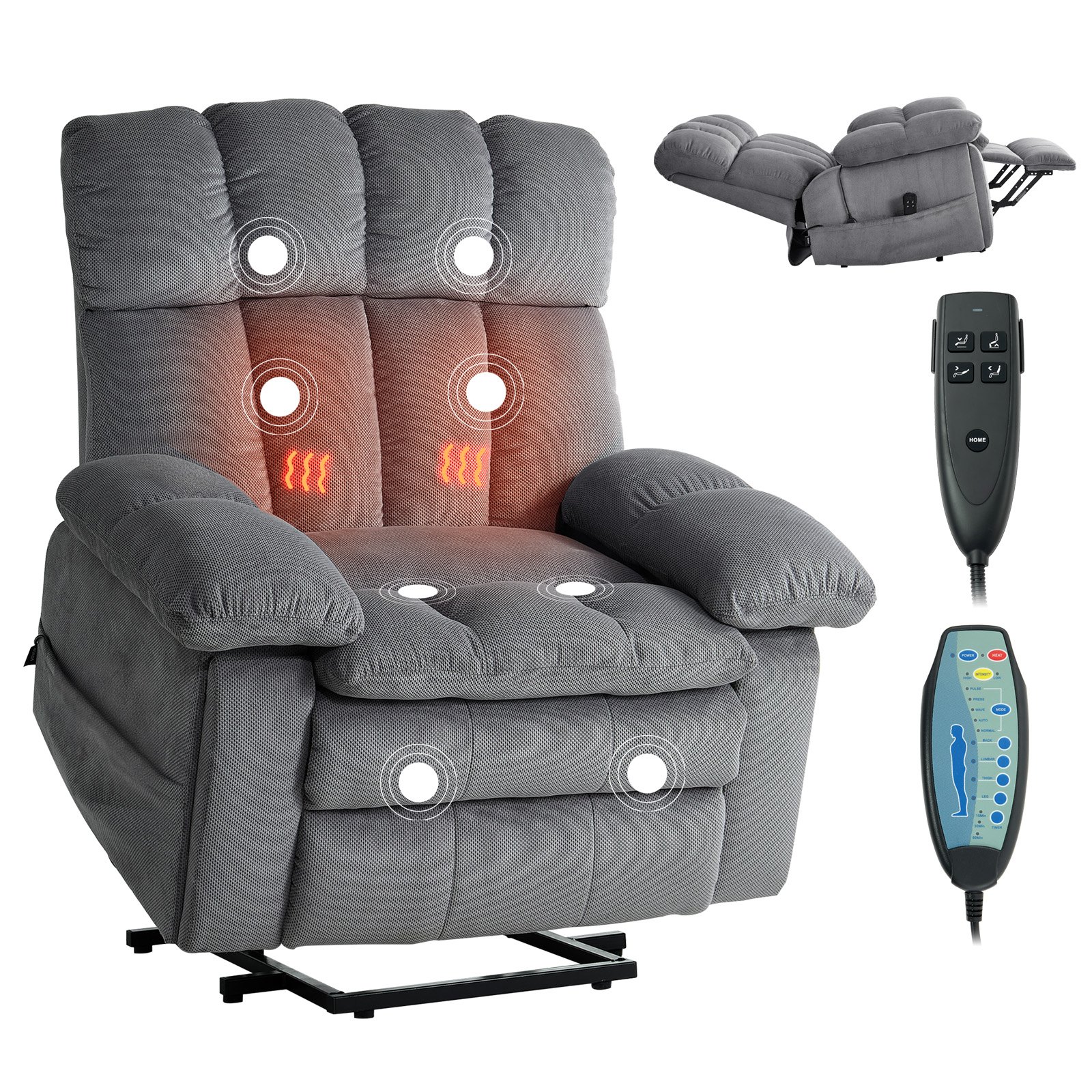 VEVOR Power Lift Recliner Chair, Dual Motor, Oversized Electric Lift Chair with Heat and Massage for Elderly, Infinite Position Adjustment, Chenille Fabric, with Side Pockets, Cup Holders, Light Gray