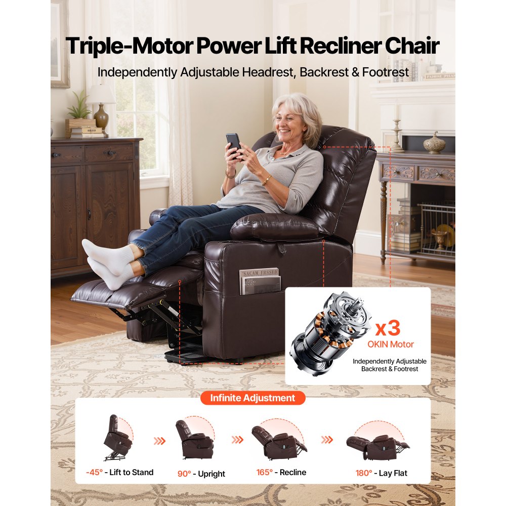 VEVOR Power Lift Recliner Chair, Triple-Motor, Large Electric Lift Chair with Heat and Massage for Elderly, Infinite Position Adjustment, Leather Surface, with Storage Pockets and Cup Holders, Brown