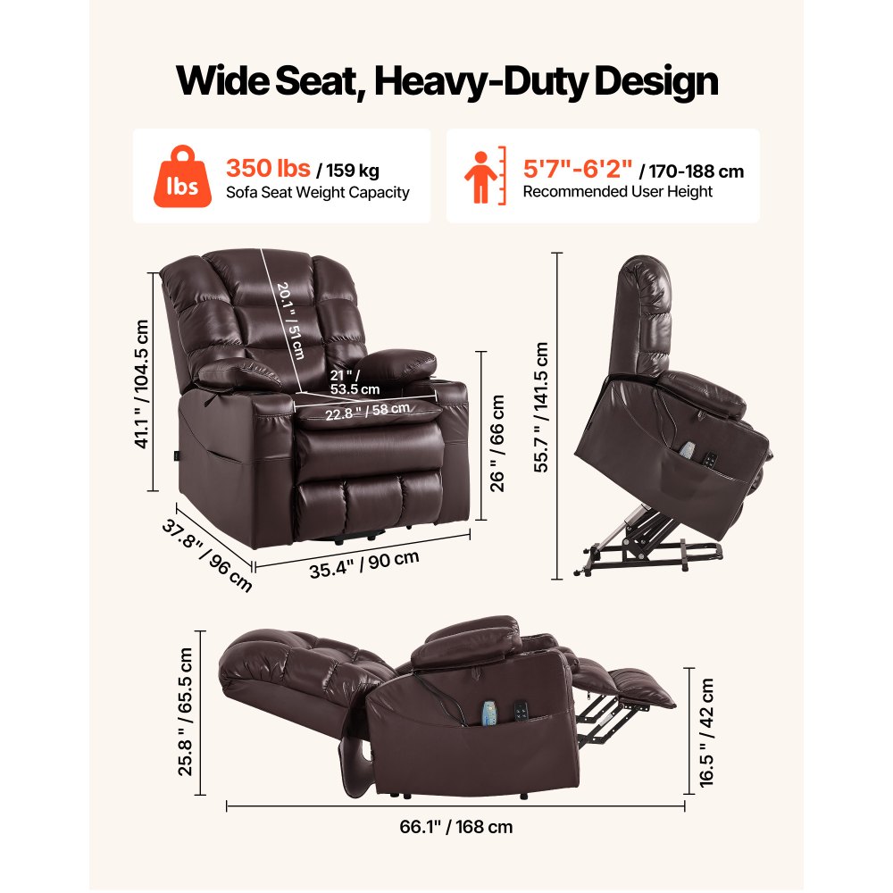 VEVOR Power Lift Recliner Chair, Triple-Motor, Large Electric Lift Chair with Heat and Massage for Elderly, Infinite Position Adjustment, Leather Surface, with Storage Pockets and Cup Holders, Brown