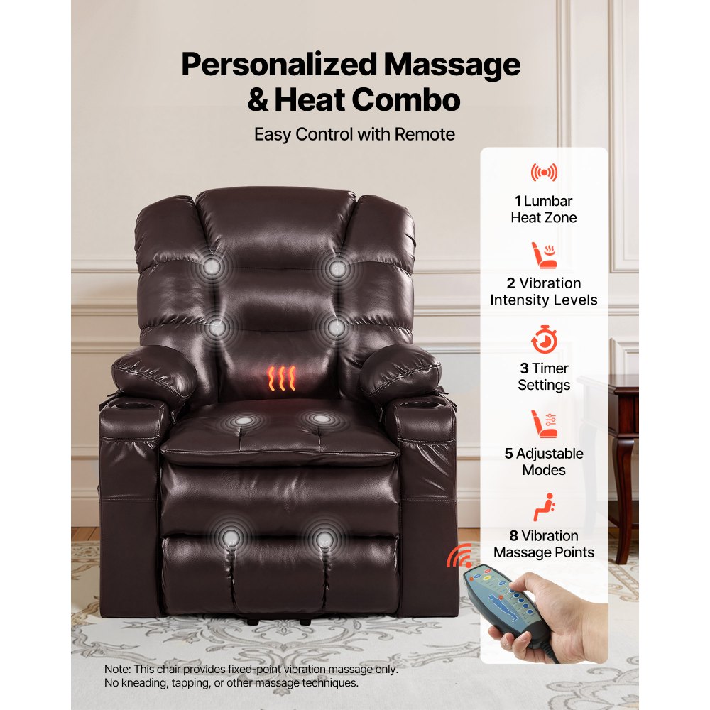 VEVOR Power Lift Recliner Chair, Triple-Motor, Large Electric Lift Chair with Heat and Massage for Elderly, Infinite Position Adjustment, Leather Surface, with Storage Pockets and Cup Holders, Brown