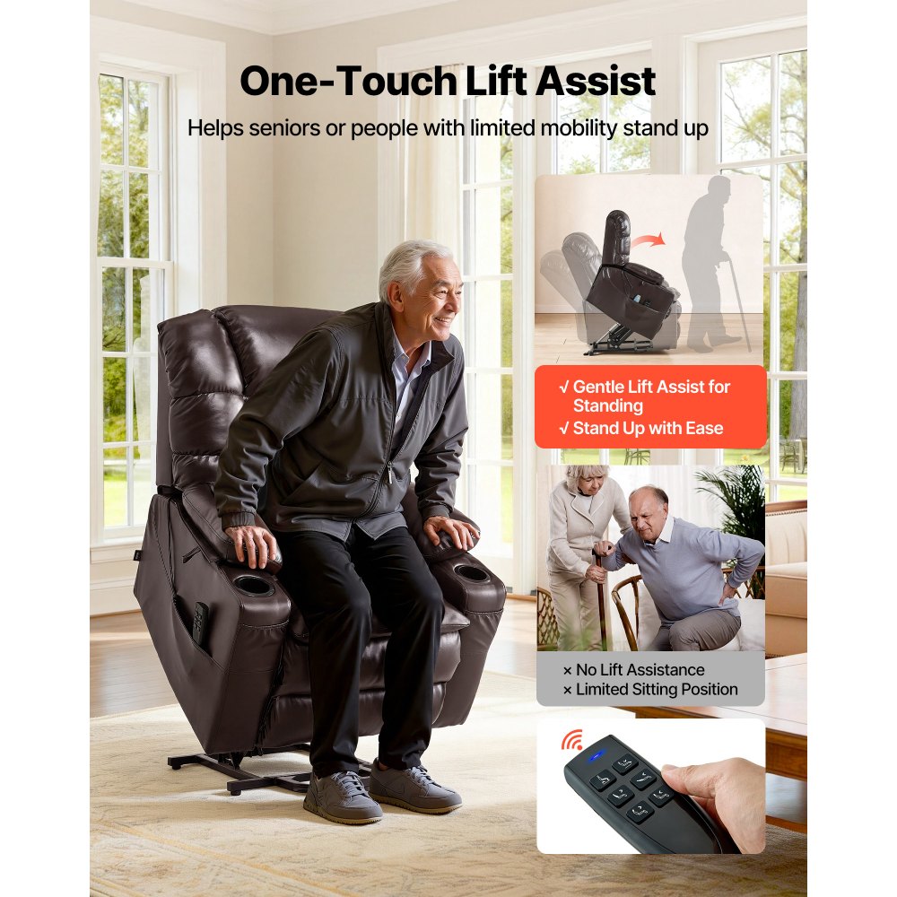 VEVOR Power Lift Recliner Chair, Triple-Motor, Large Electric Lift Chair with Heat and Massage for Elderly, Infinite Position Adjustment, Leather Surface, with Storage Pockets and Cup Holders, Brown