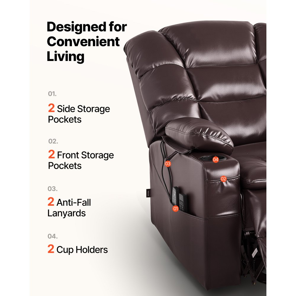 VEVOR Power Lift Recliner Chair, Triple-Motor, Large Electric Lift Chair with Heat and Massage for Elderly, Infinite Position Adjustment, Leather Surface, with Storage Pockets and Cup Holders, Brown