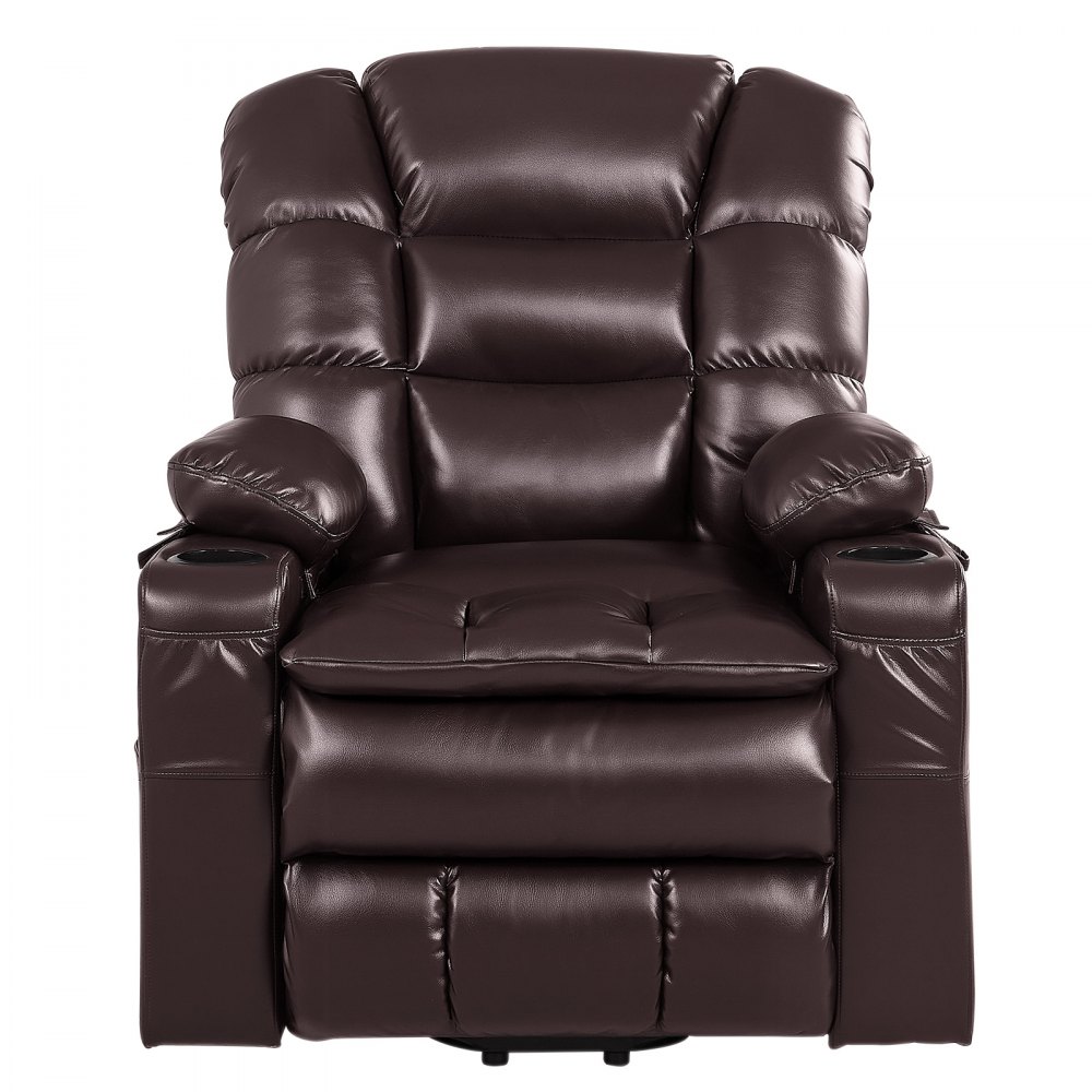 VEVOR Power Lift Recliner Chair, Triple-Motor, Large Electric Lift Chair with Heat and Massage for Elderly, Infinite Position Adjustment, Leather Surface, with Storage Pockets and Cup Holders, Brown