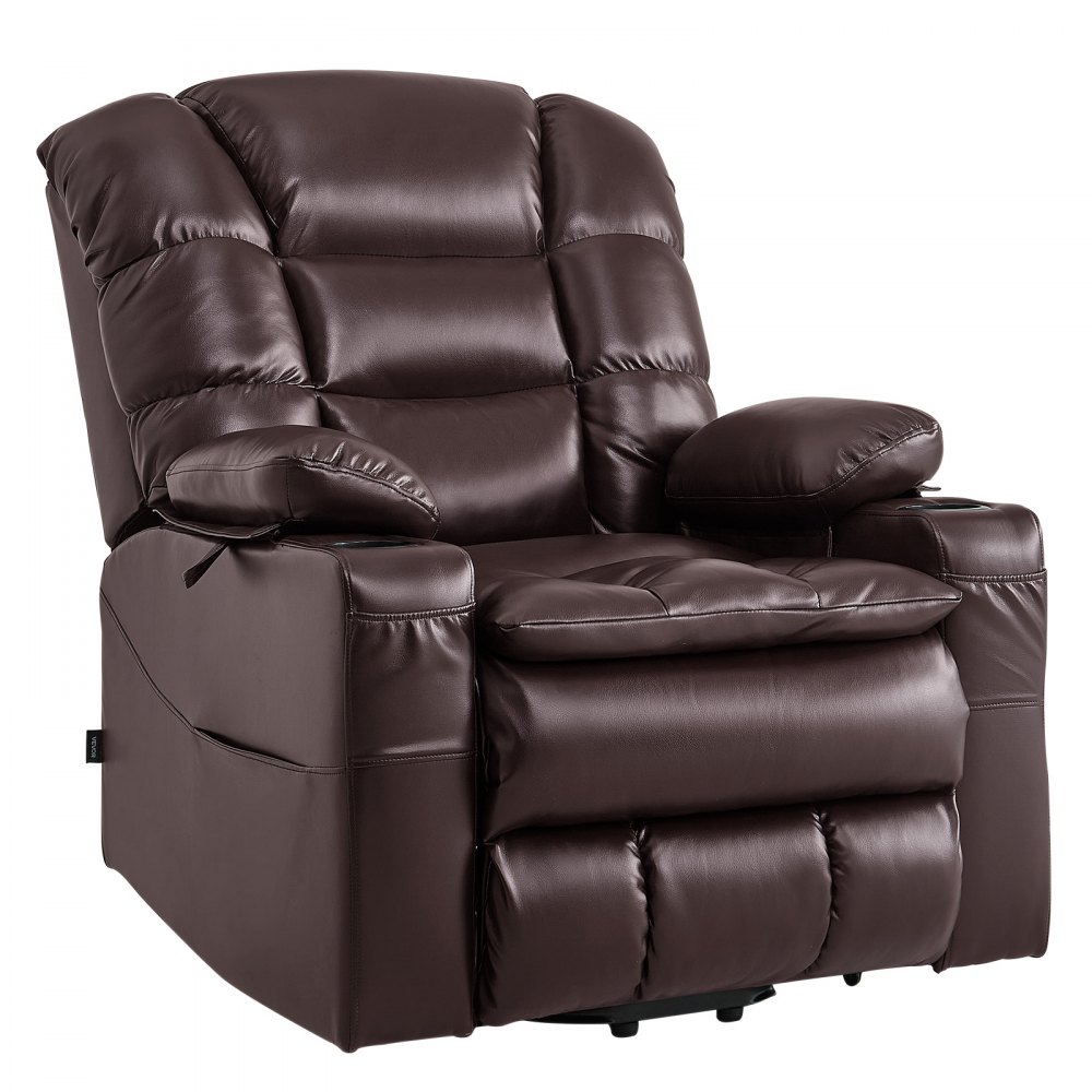 VEVOR Power Lift Recliner Chair, Triple-Motor, Large Electric Lift Chair with Heat and Massage for Elderly, Infinite Position Adjustment, Leather Surface, with Storage Pockets and Cup Holders, Brown