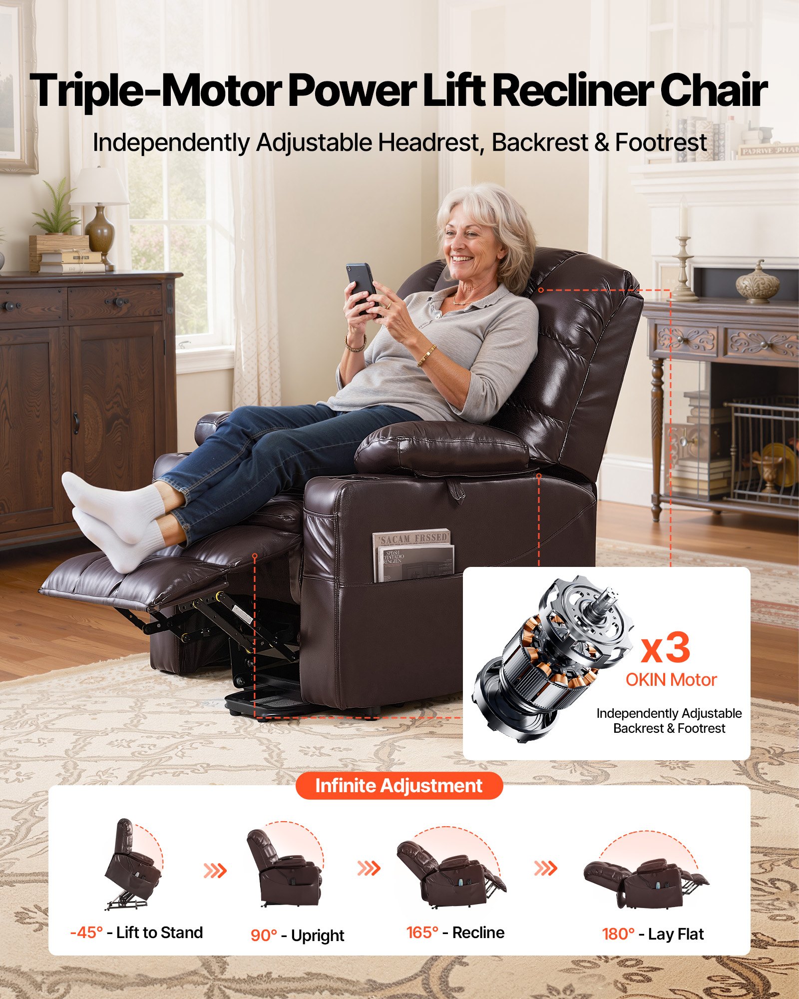 VEVOR Power Lift Recliner Chair, Triple-Motor, Large Electric Lift Chair with Heat and Massage for Elderly, Infinite Position Adjustment, Leather Surface, with Storage Pockets and Cup Holders, Brown