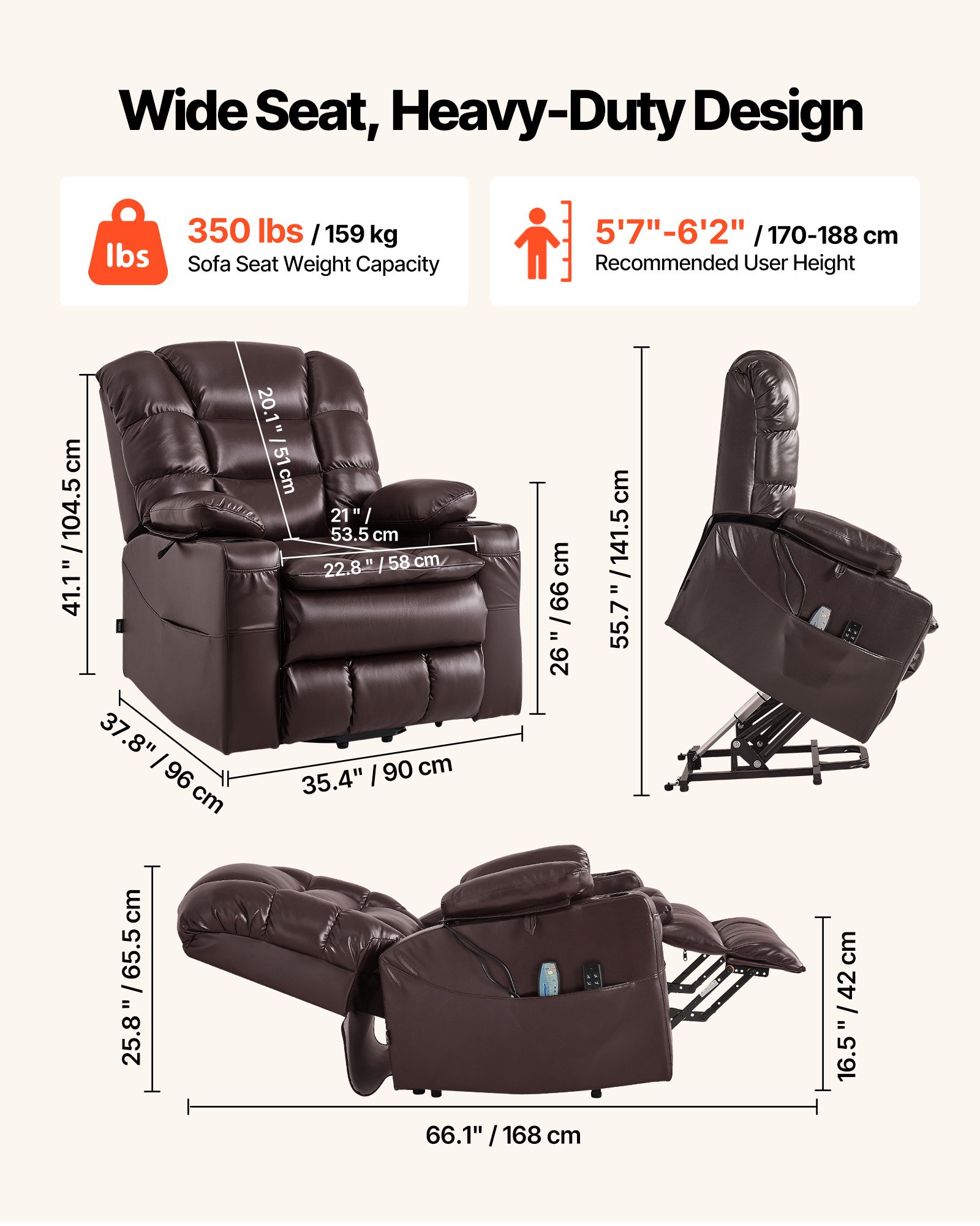 VEVOR Power Lift Recliner Chair, Triple-Motor, Large Electric Lift Chair with Heat and Massage for Elderly, Infinite Position Adjustment, Leather Surface, with Storage Pockets and Cup Holders, Brown