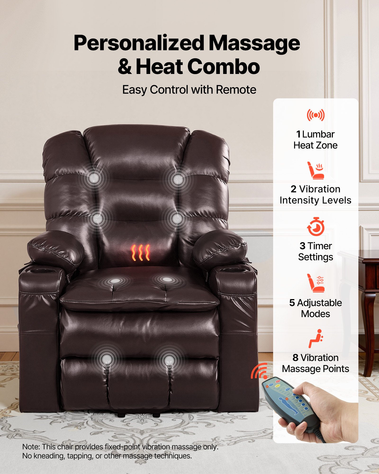 VEVOR Power Lift Recliner Chair, Triple-Motor, Large Electric Lift Chair with Heat and Massage for Elderly, Infinite Position Adjustment, Leather Surface, with Storage Pockets and Cup Holders, Brown