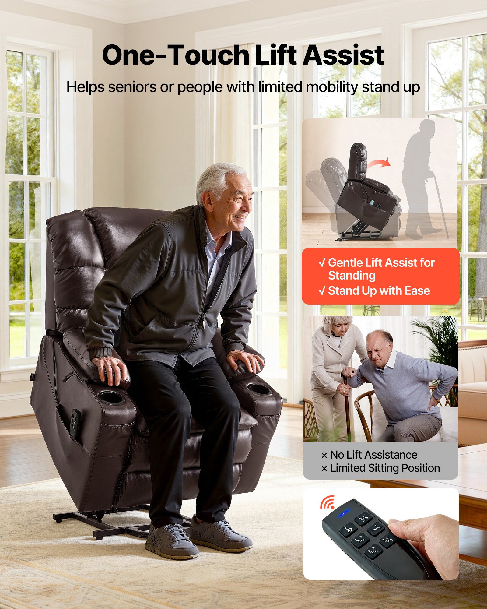 VEVOR Power Lift Recliner Chair, Triple-Motor, Large Electric Lift Chair with Heat and Massage for Elderly, Infinite Position Adjustment, Leather Surface, with Storage Pockets and Cup Holders, Brown