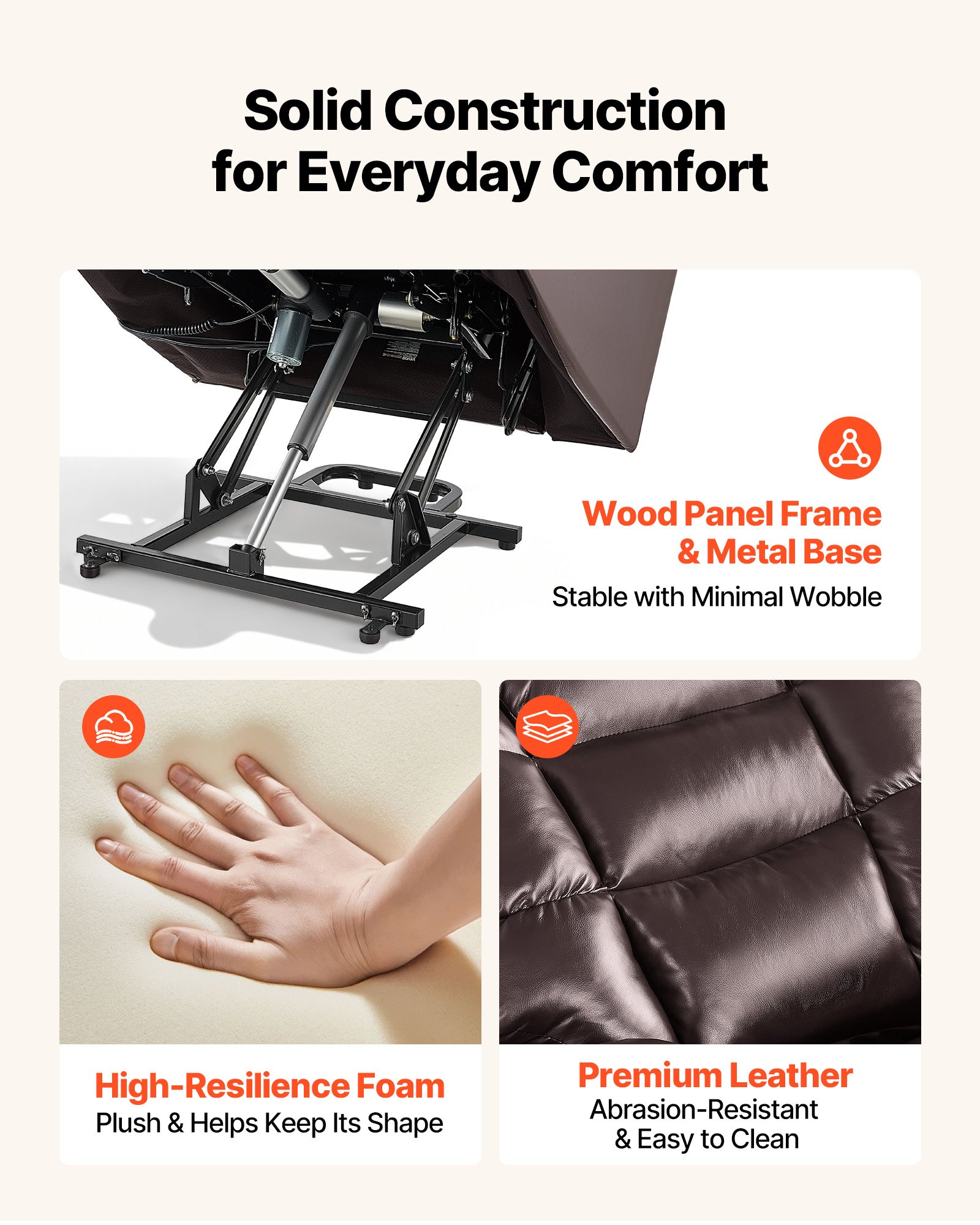 VEVOR Power Lift Recliner Chair, Triple-Motor, Large Electric Lift Chair with Heat and Massage for Elderly, Infinite Position Adjustment, Leather Surface, with Storage Pockets and Cup Holders, Brown