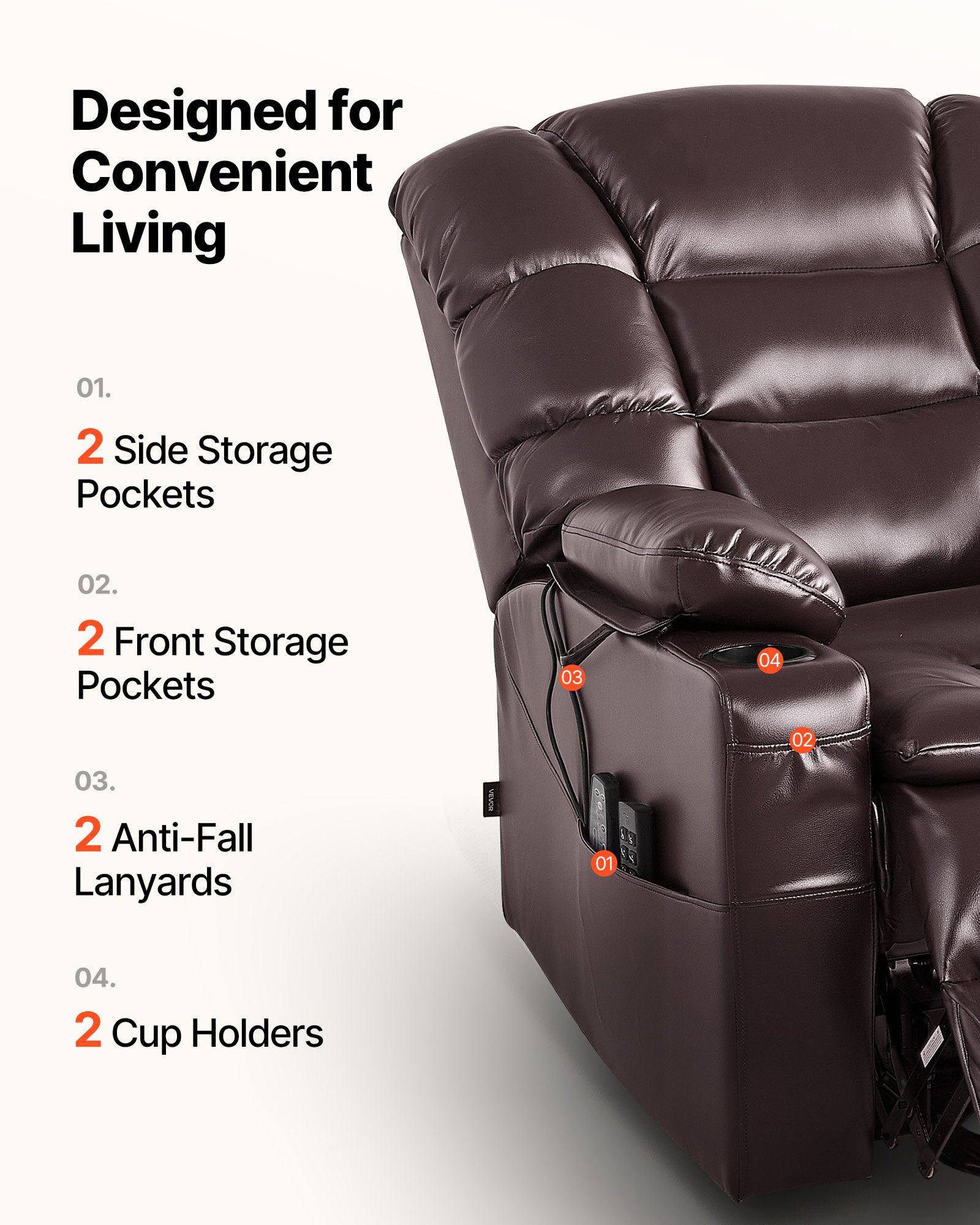 VEVOR Power Lift Recliner Chair, Triple-Motor, Large Electric Lift Chair with Heat and Massage for Elderly, Infinite Position Adjustment, Leather Surface, with Storage Pockets and Cup Holders, Brown