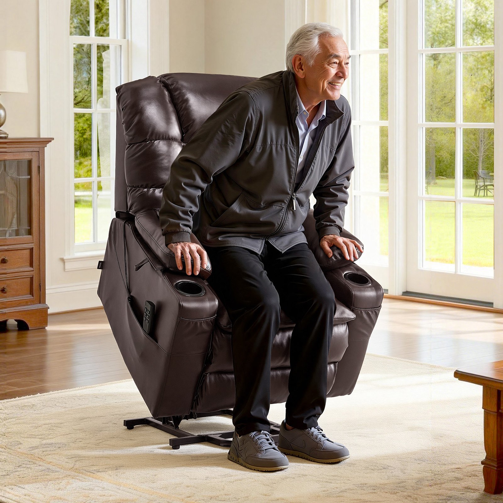 VEVOR Power Lift Recliner Chair, Triple-Motor, Large Electric Lift Chair with Heat and Massage for Elderly, Infinite Position Adjustment, Leather Surface, with Storage Pockets and Cup Holders, Brown