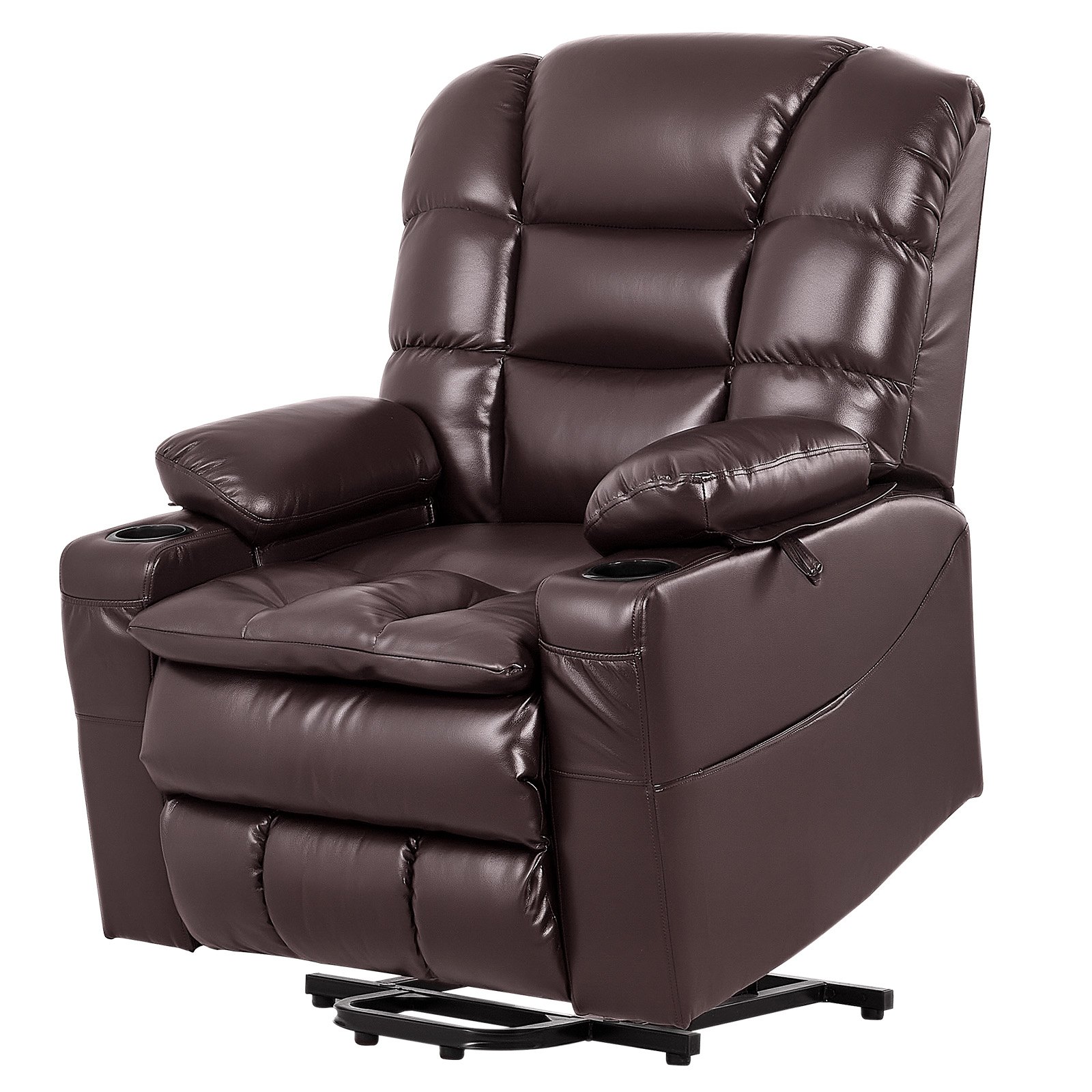 VEVOR Power Lift Recliner Chair, Triple-Motor, Large Electric Lift Chair with Heat and Massage for Elderly, Infinite Position Adjustment, Leather Surface, with Storage Pockets and Cup Holders, Brown