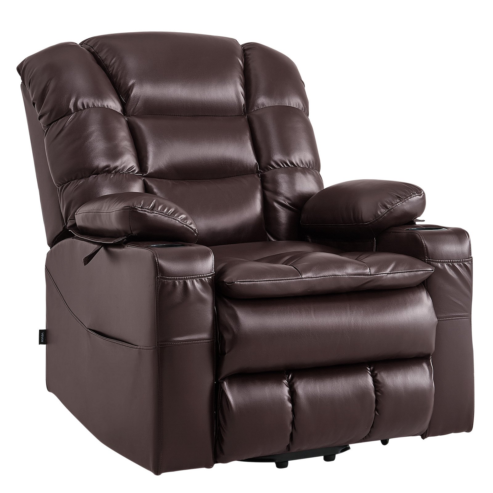 VEVOR Power Lift Recliner Chair, Triple-Motor, Large Electric Lift Chair with Heat and Massage for Elderly, Infinite Position Adjustment, Leather Surface, with Storage Pockets and Cup Holders, Brown