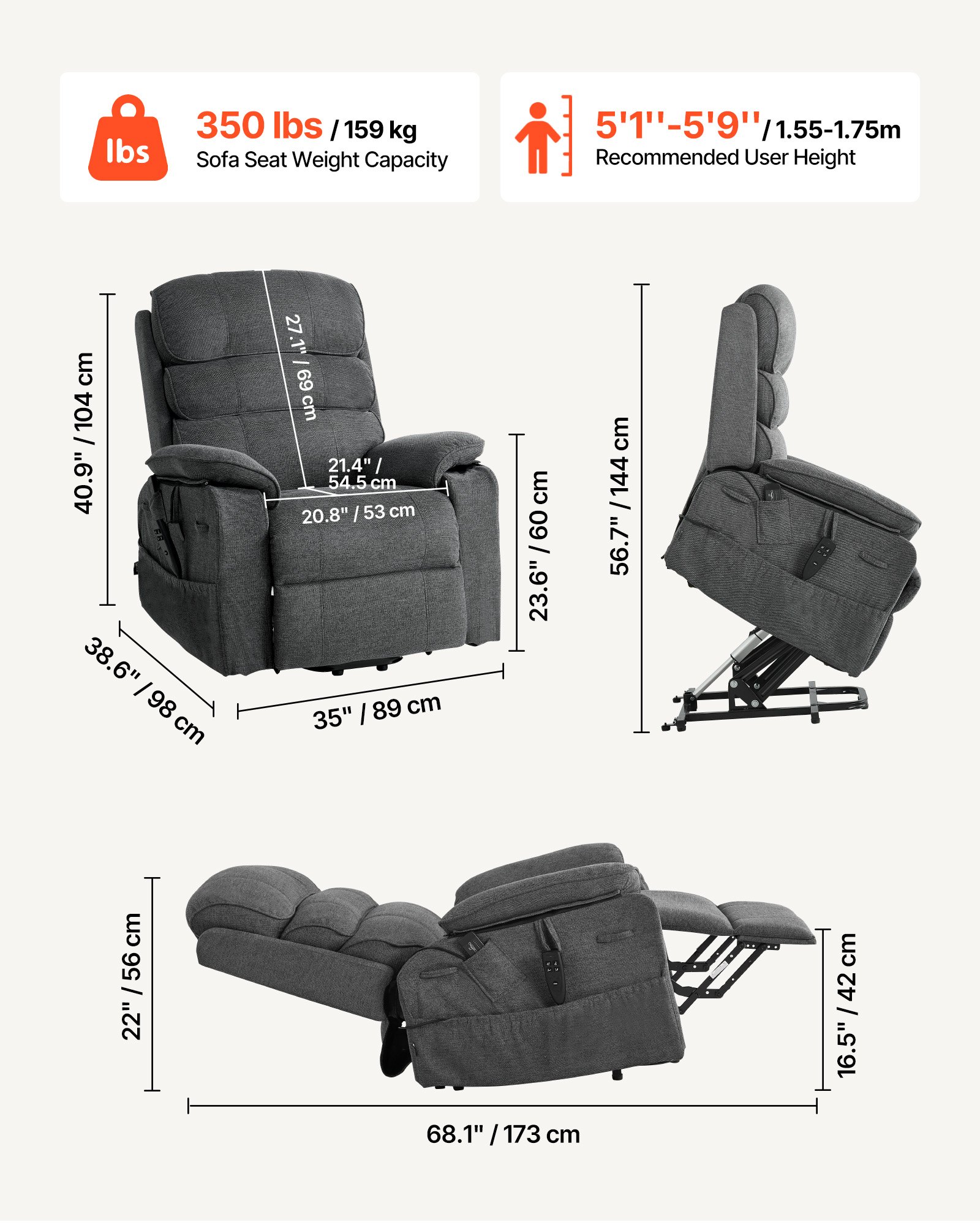 VEVOR Power Lift Recliner Chair, Dual Motor Medium Lift Chair with Heat and Massage for Elderly, Position Adjustable, Remote Control, with Side Pockets, Chenille Fabric, Dark Gray