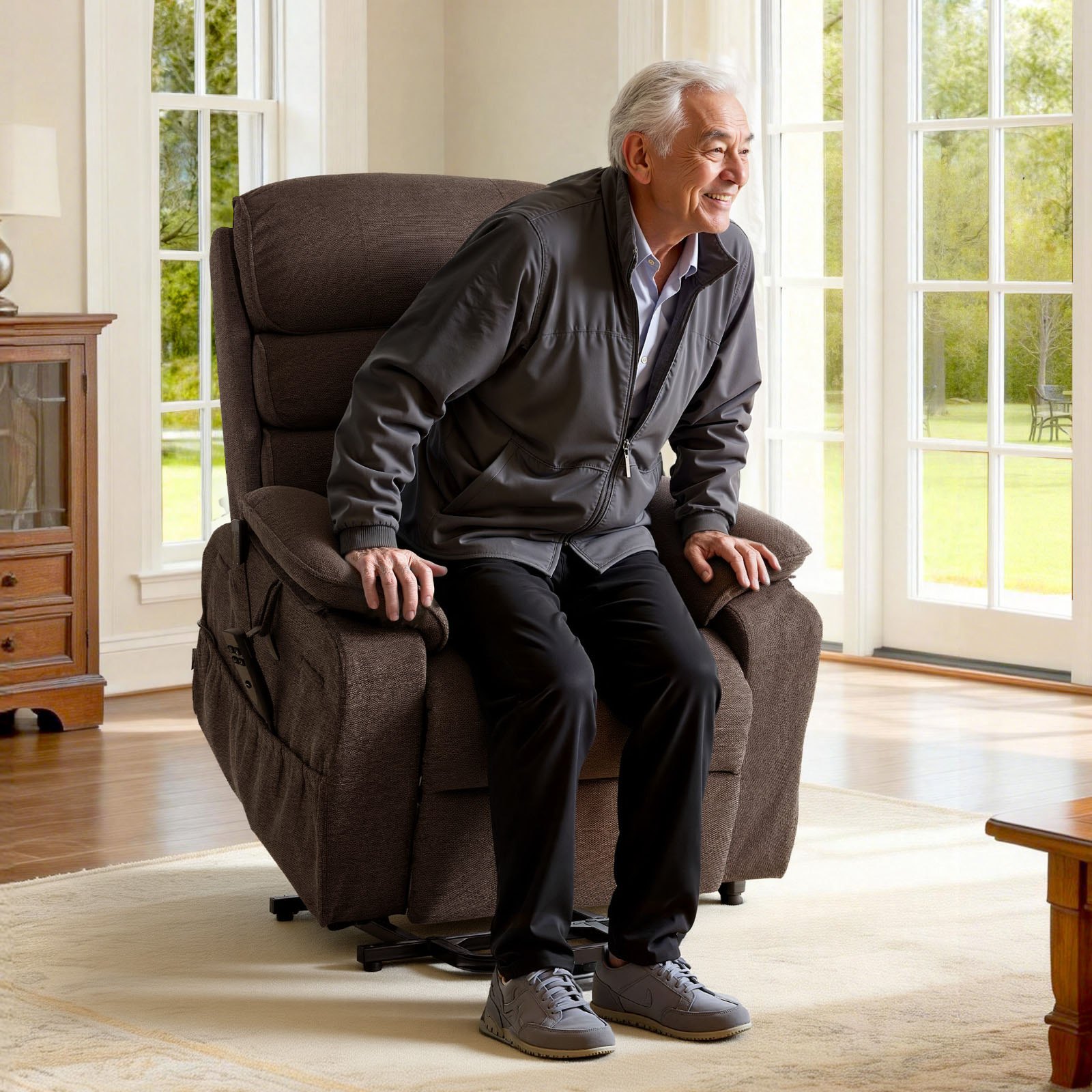 VEVOR Power Lift Recliner Chair, Dual Motor Medium Lift Chair with Heat and Massage for Elderly, Position Adjustable, Remote Control, with Side Pockets, Chenille Fabric, Brown