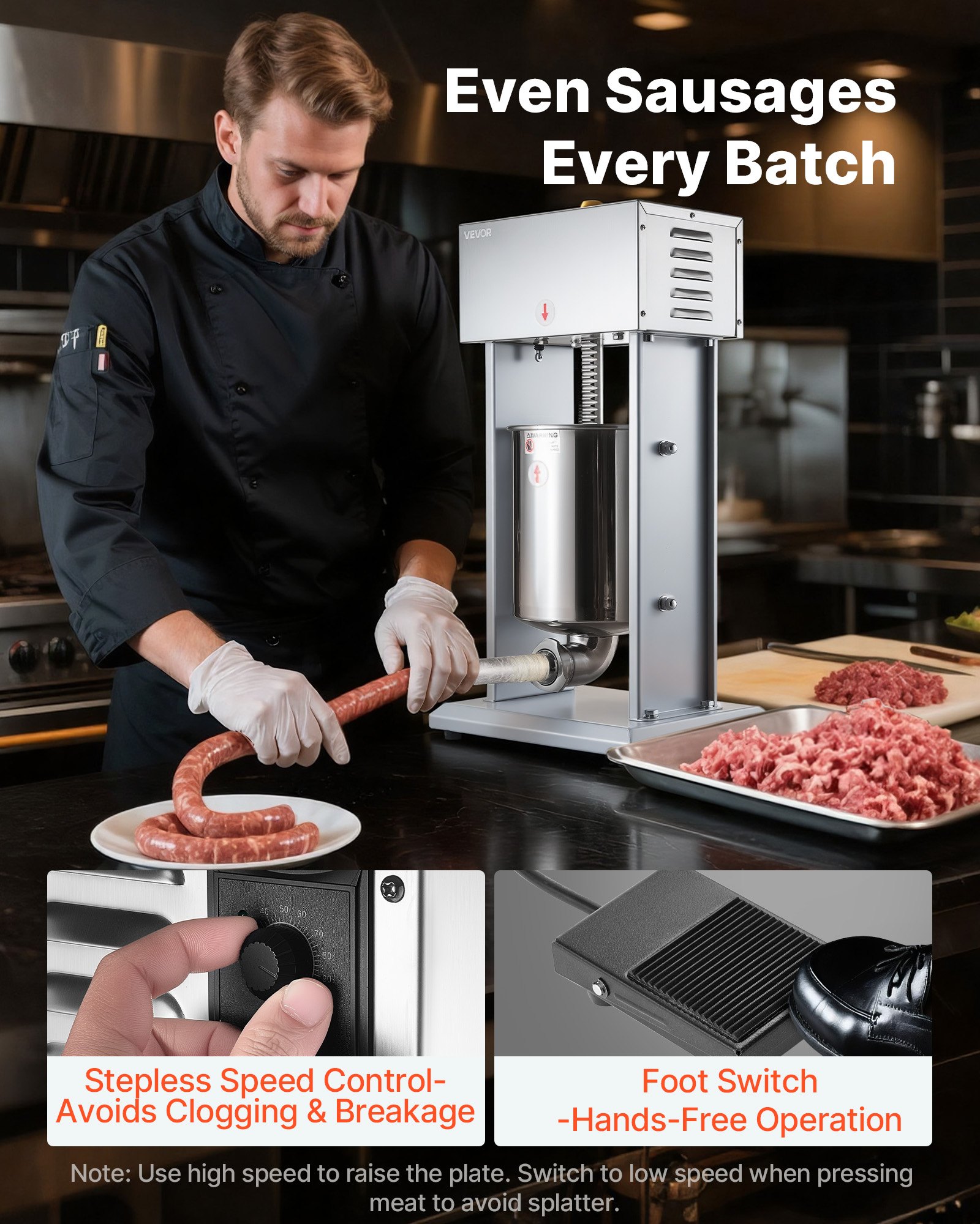 VEVOR Electric Sausage Stuffer, 22 LBS / 10 L Vertical Meat Filler with Stepless Speed Adjustment, Stainless Steel Sausage Stuffing Machine, Foot Pedal & 4 Filling Tubes, for Commercial and Home Use