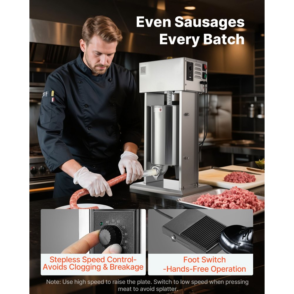 VEVOR Electric Sausage Stuffer, 25 LBS / 12 L Vertical Meat Stuffer, Stepless Speed Control and Foot Pedal, Stainless Steel Heavy Duty Sausage Filler with 4 Stuffing Tubes, for Commercial & Home Use