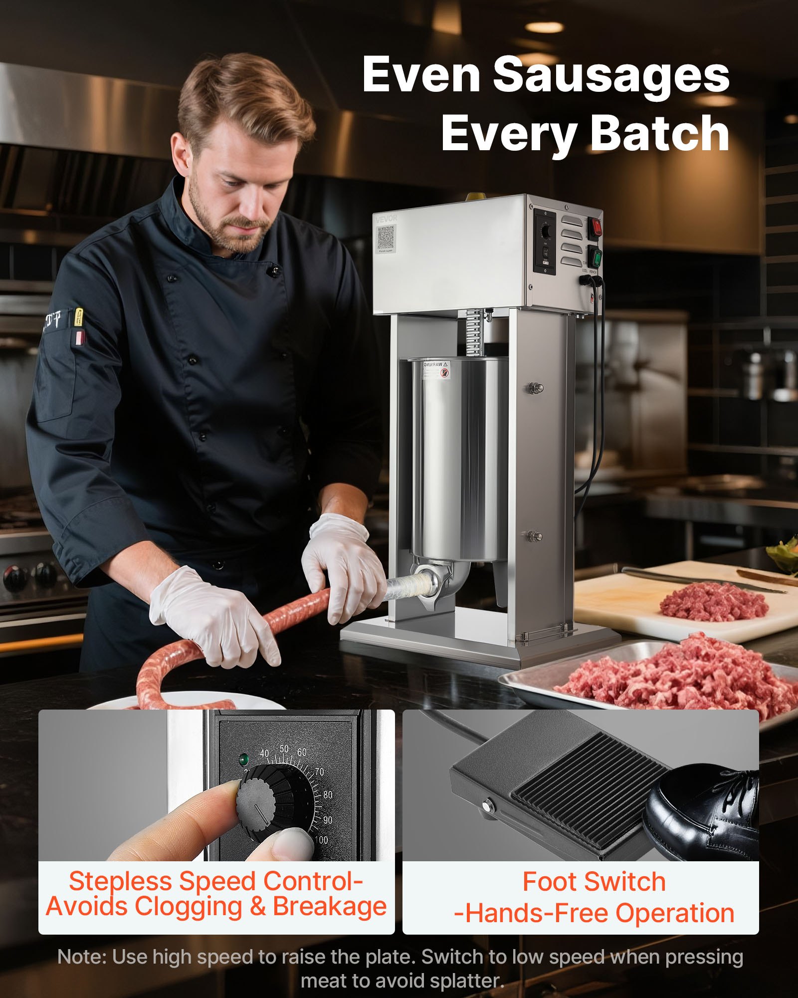 VEVOR Electric Sausage Stuffer, 25 LBS / 12 L Vertical Meat Stuffer, Stepless Speed Control and Foot Pedal, Stainless Steel Heavy Duty Sausage Filler with 4 Stuffing Tubes, for Commercial & Home Use