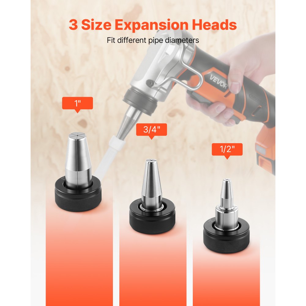 VEVOR Cordless Tube Expander, 20V Max Electric Tubing Expansion Tool for 1/2", 3/4", 1" PEX-A Pipes, 22000RPM Pipe Expander with 3 Expanding Head, 2pcs 2AH Battery, Fast Charger & Carrying Case