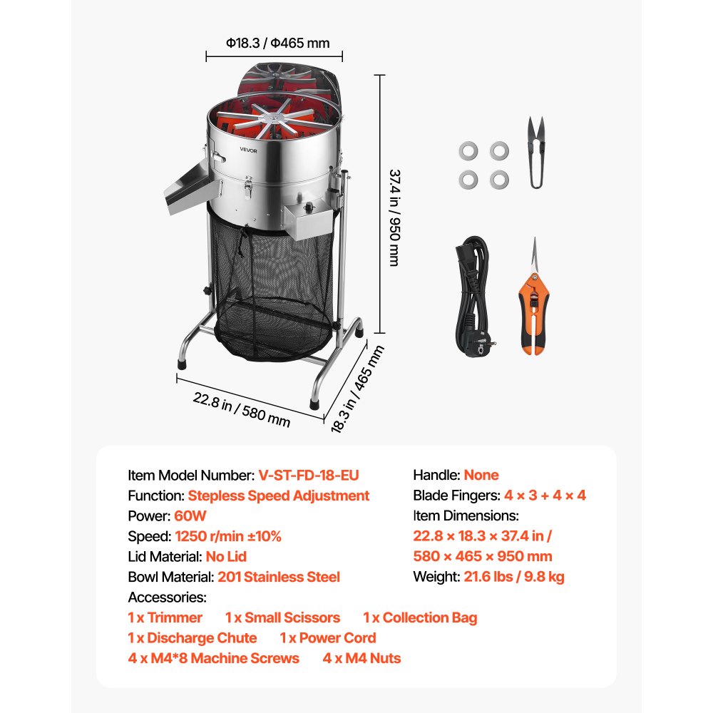 VEVOR Electric Bud Leaf Trimmer, 415mm Tiltable Bud Trimmer with Sharp Stainless Steel Blades, Adjustable Speed, Hydroponic Cutting Machine with Collection Bag Hand Pruner & Scissors, for Leaves Buds